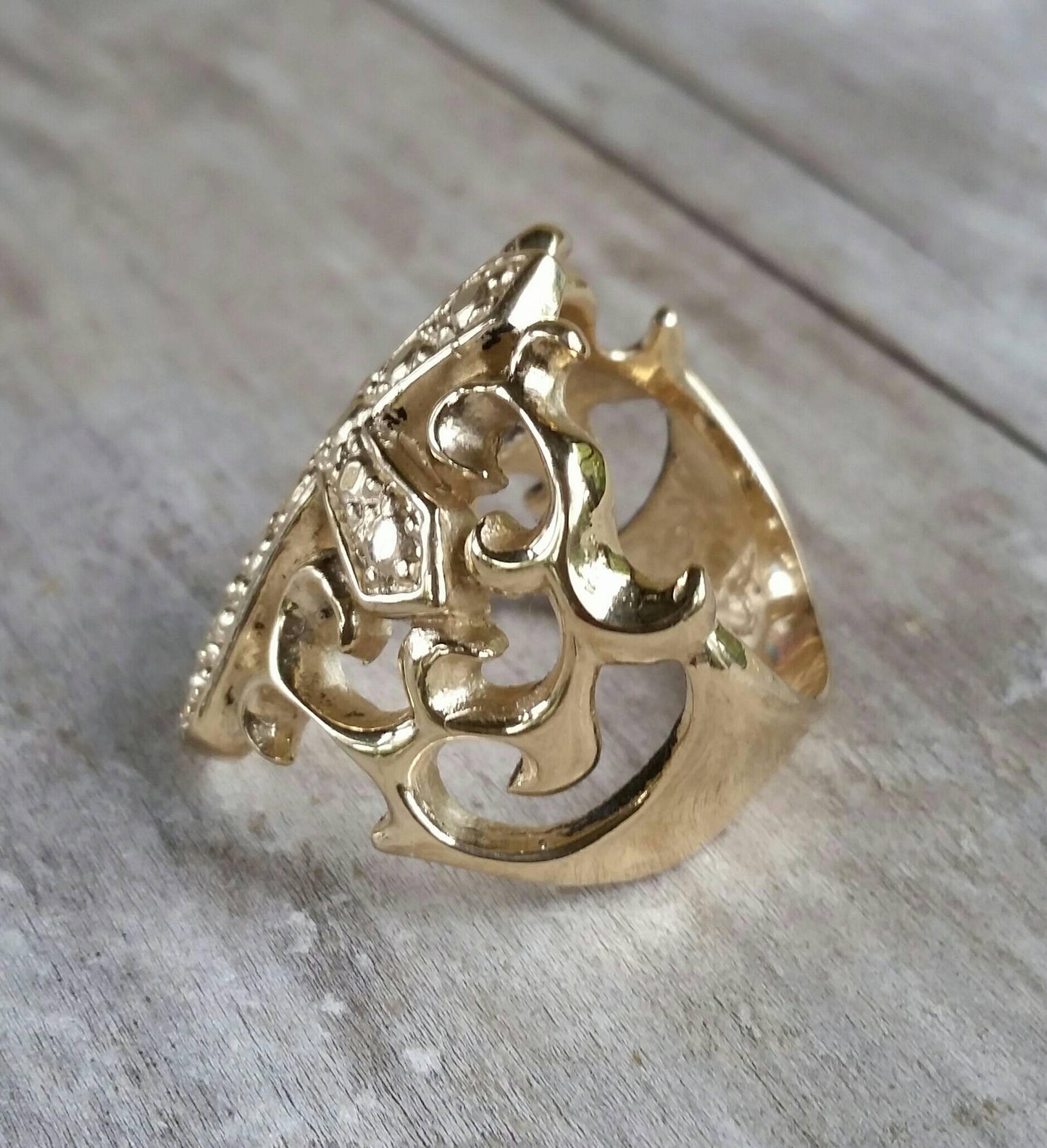 9ct gold Large cross ring ornate filegree steampunk wedding dress ring