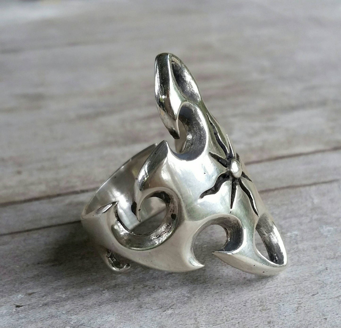 Long scroll ring sterling silver steampunk gothic tribal ring