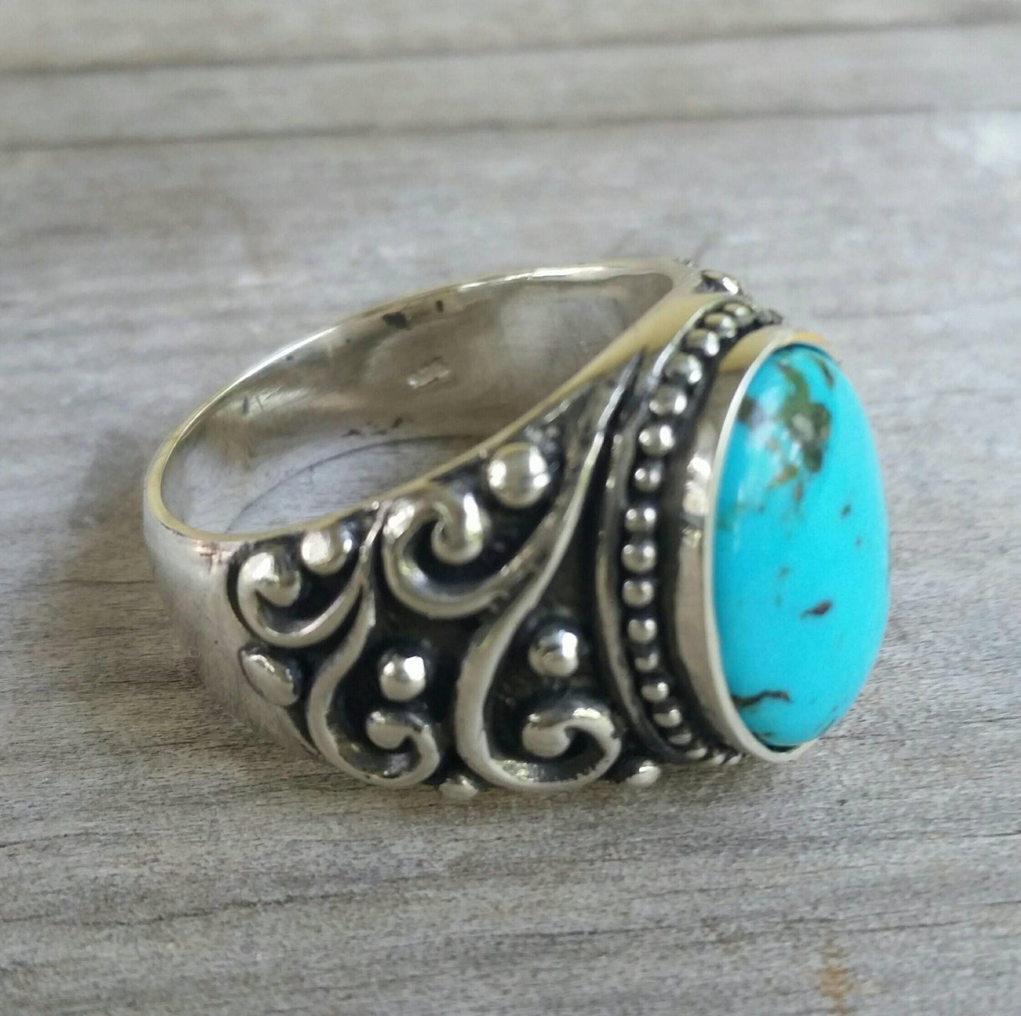 Turquoise ring,large chunky ring,sterling silver,handmade,mans stone ring,wedding,boho, dress ring antique, scroll pattern,mans fashion