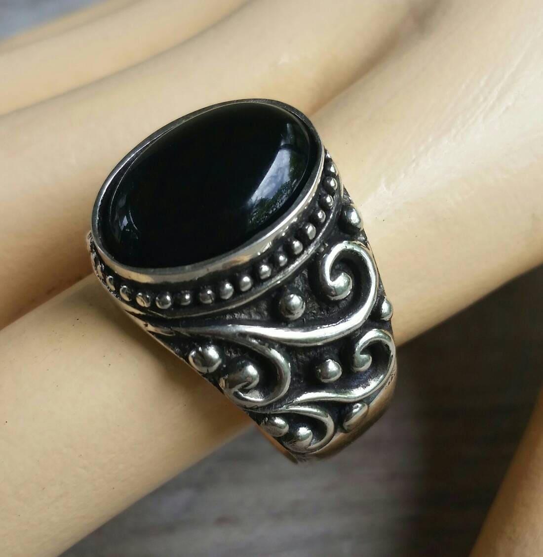 Turquoise ring,large chunky ring,sterling silver,handmade,mans stone ring,wedding,boho, dress ring antique, scroll pattern,mans fashion