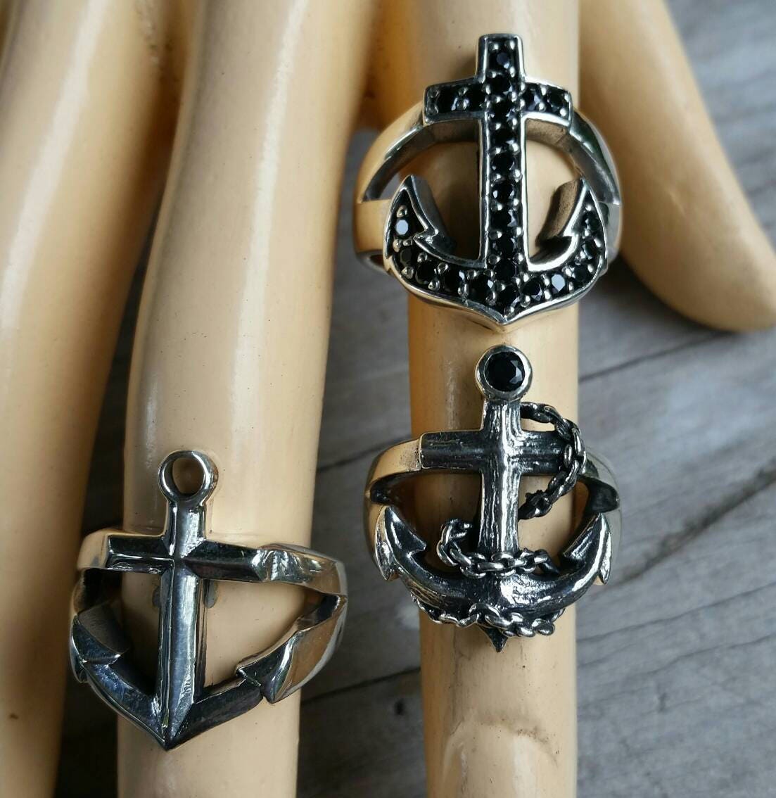anchor ring black stone nautical sailor rockabilly wedding sterling silver ring