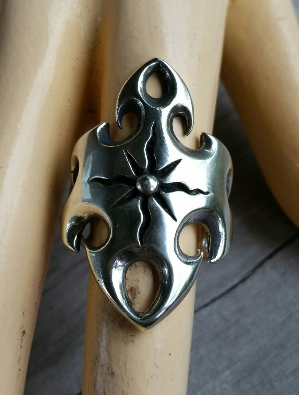 Long scroll ring sterling silver steampunk gothic tribal ring