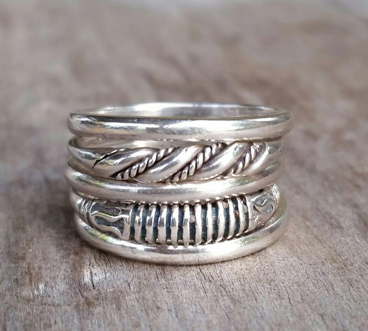 stacker rings,3 x piece set,2mm bands,ball patterened,plain band, twisted wire and vintage scroll,woven silver ring