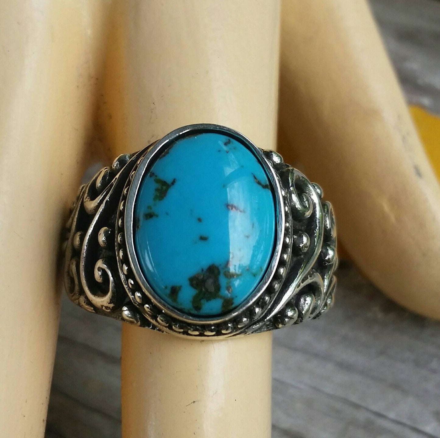 Turquoise mans sterling large silver dress wedding dress ring antique scroll pattern
