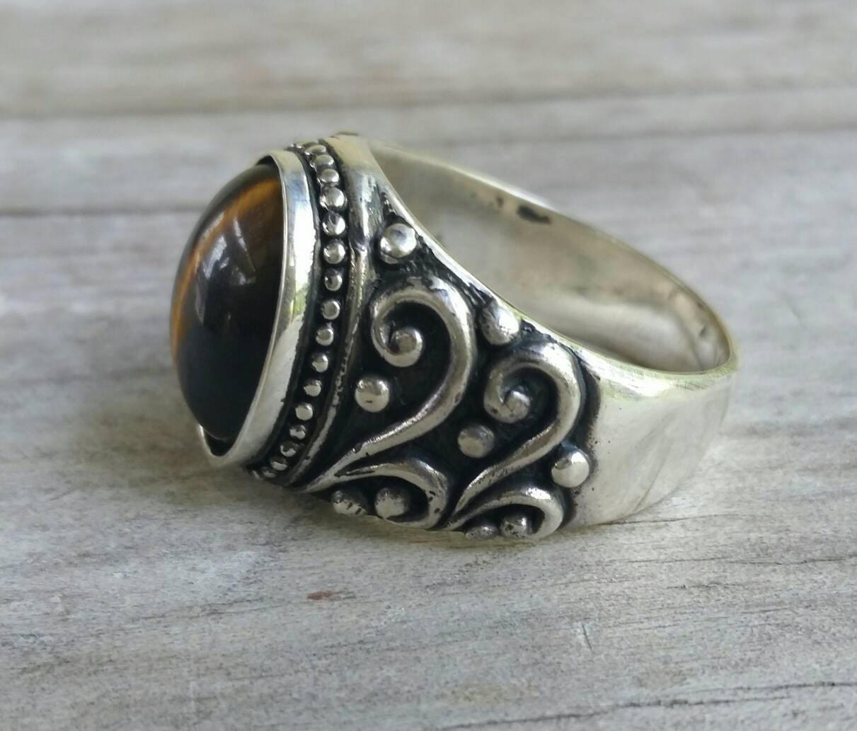 Tigers eye mans sterling silver dress wedding dress ring antique scroll pattern