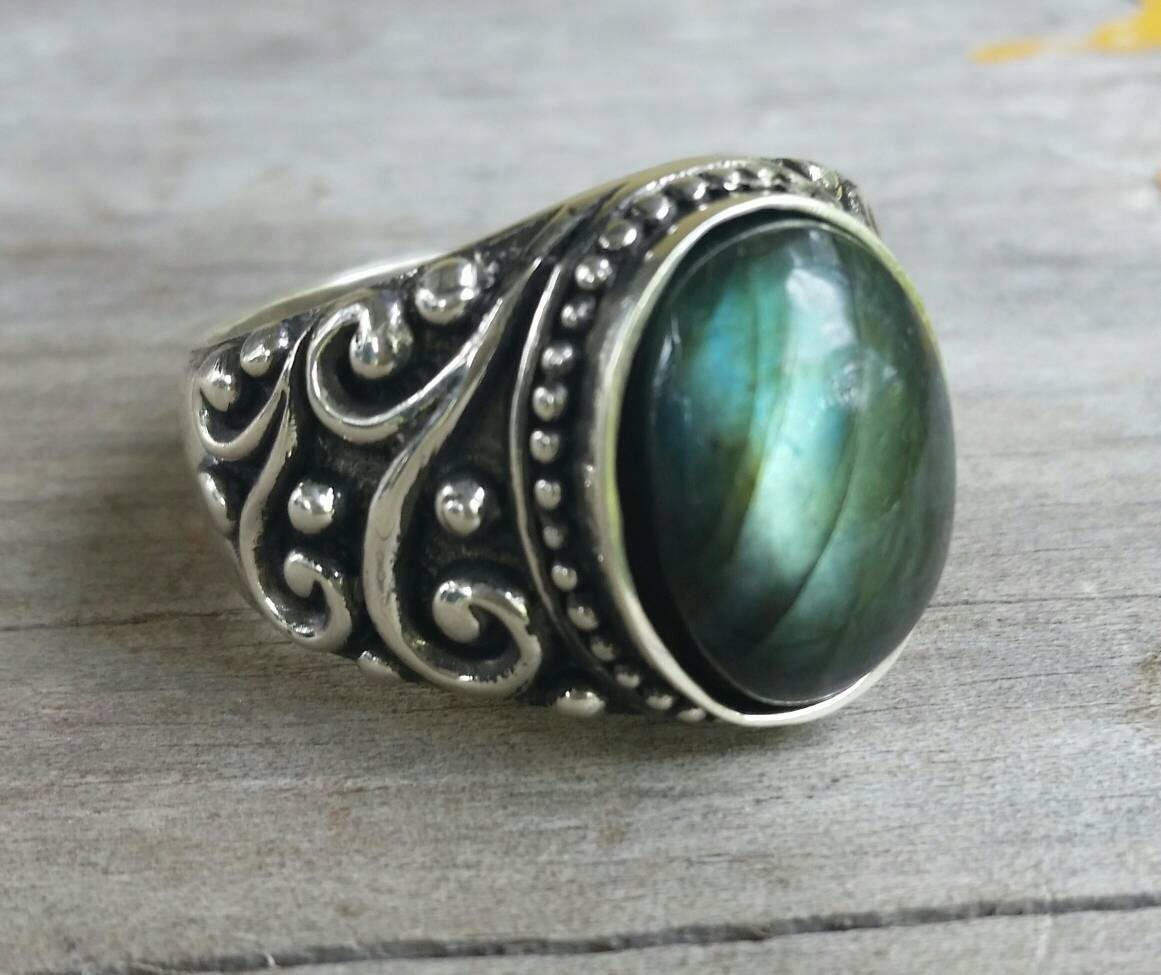 Turquoise ring,large chunky ring,sterling silver,handmade,mans stone ring,wedding,boho, dress ring antique, scroll pattern,mans fashion