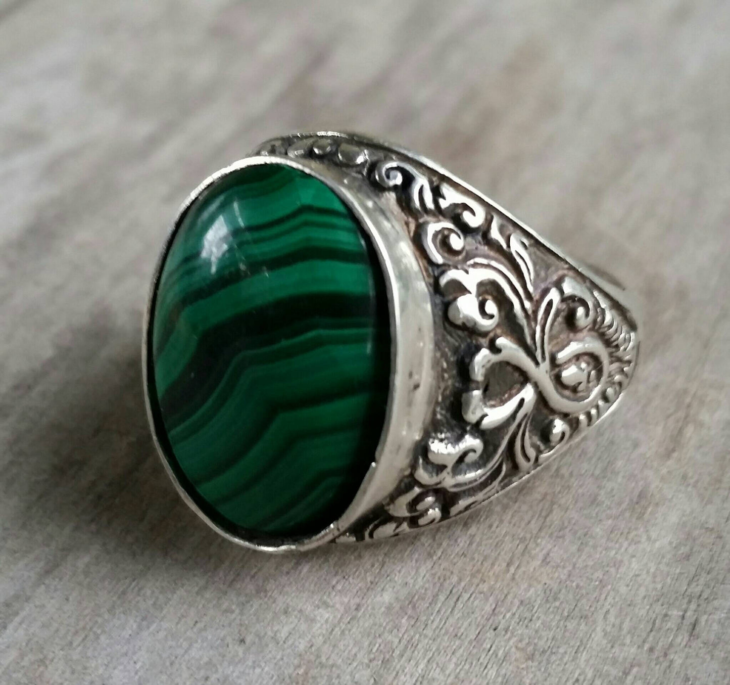 Malachite ring,sterling silver,vintage,scroll,baroque,wedding, dress ring,antique,gemstone,crystal,green stone ring,mans stone ring,chunky,