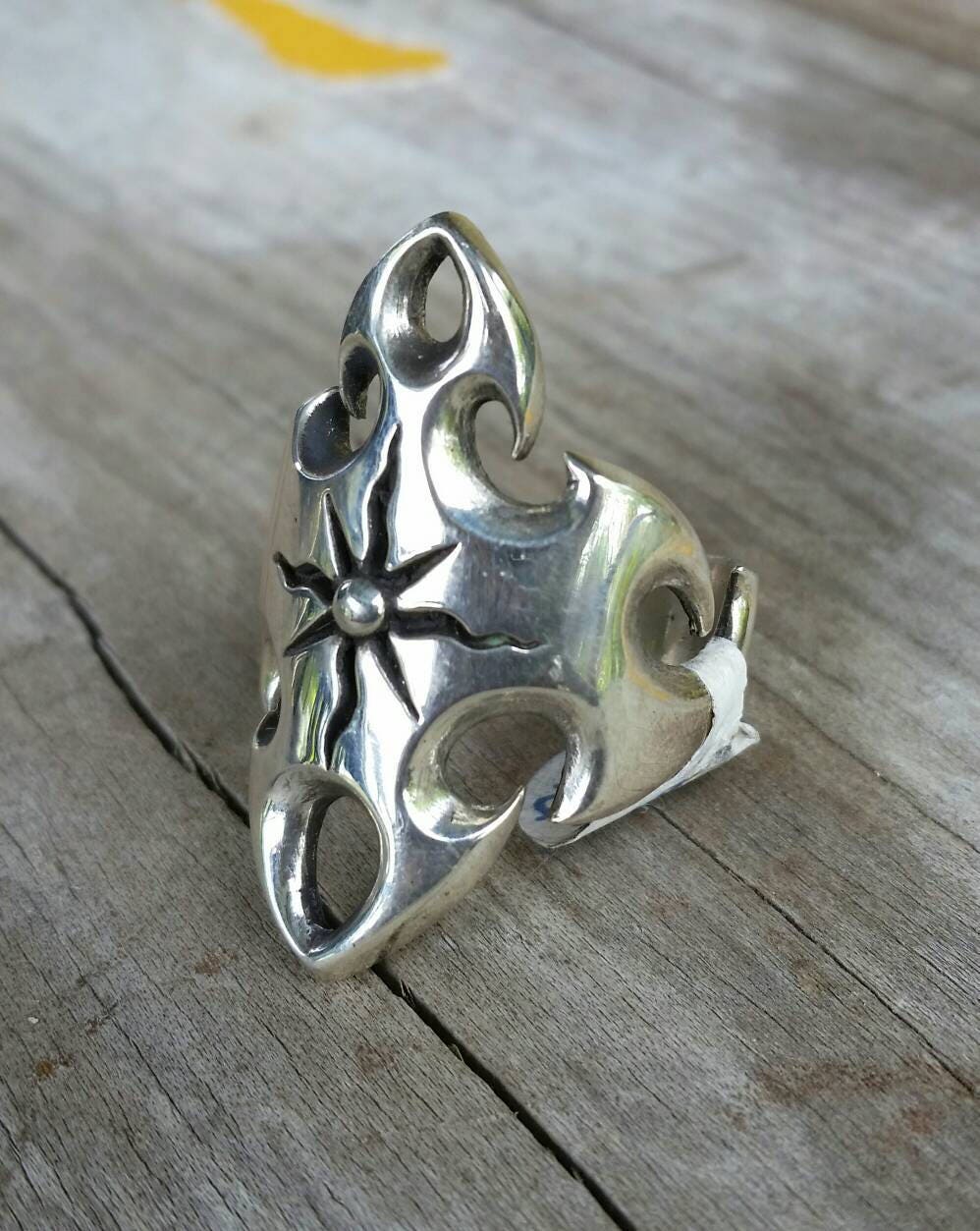 Long scroll ring sterling silver steampunk gothic tribal ring