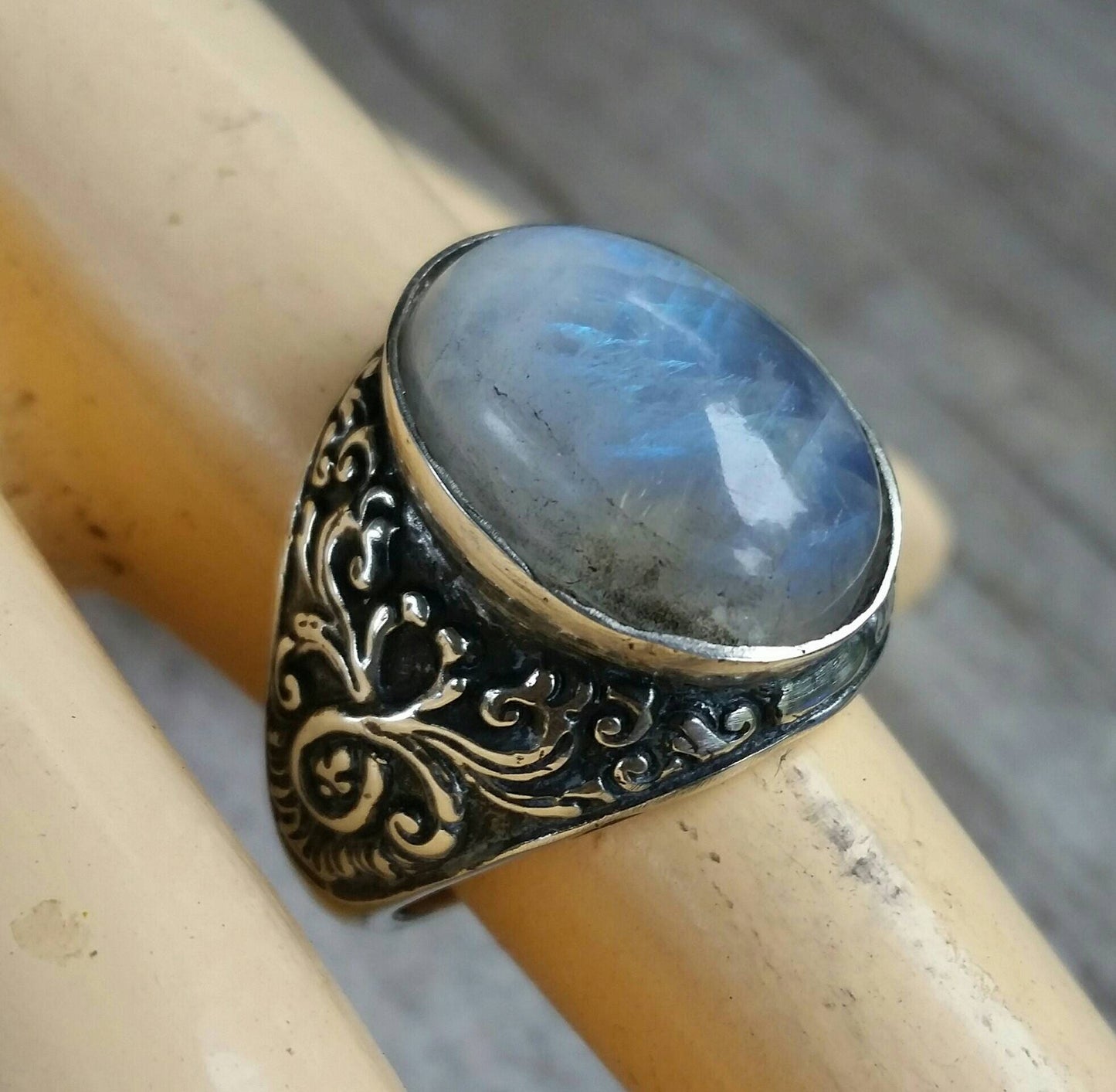 moonstone sterling silver dress wedding dress ring antique scroll pattern rainbow moonstone