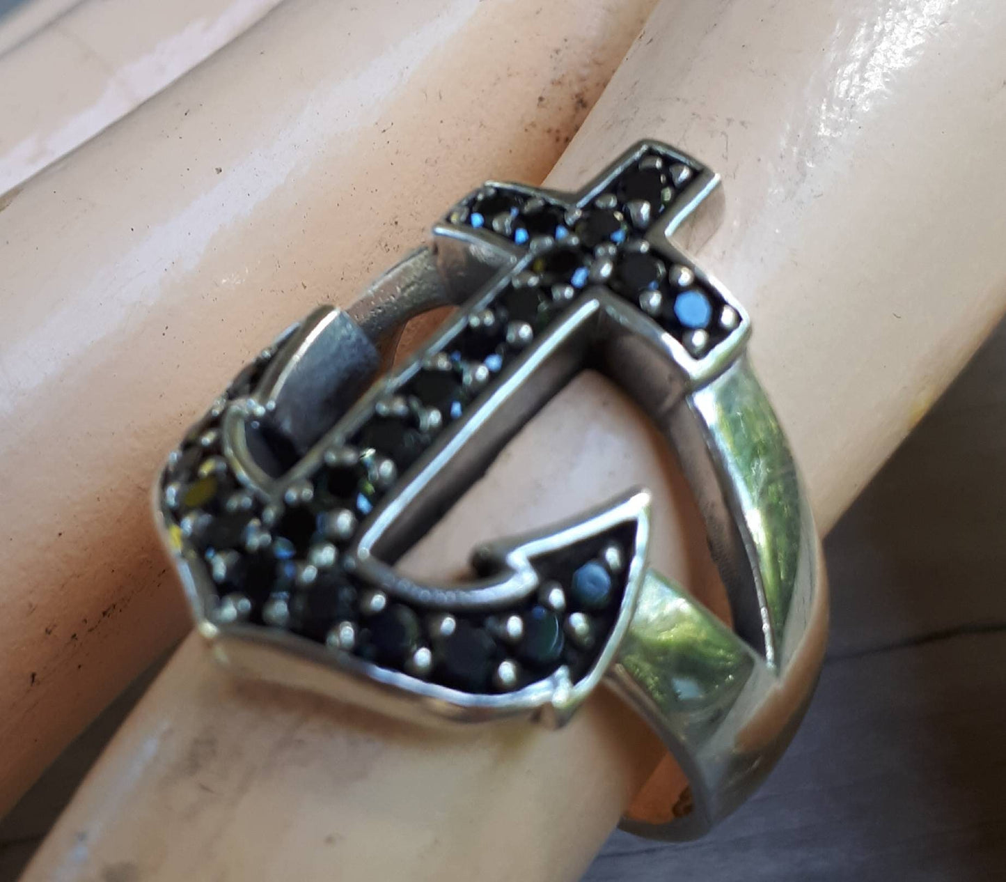 anchor ring black cz nautical sailor rockabilly wedding sterling silver ring
