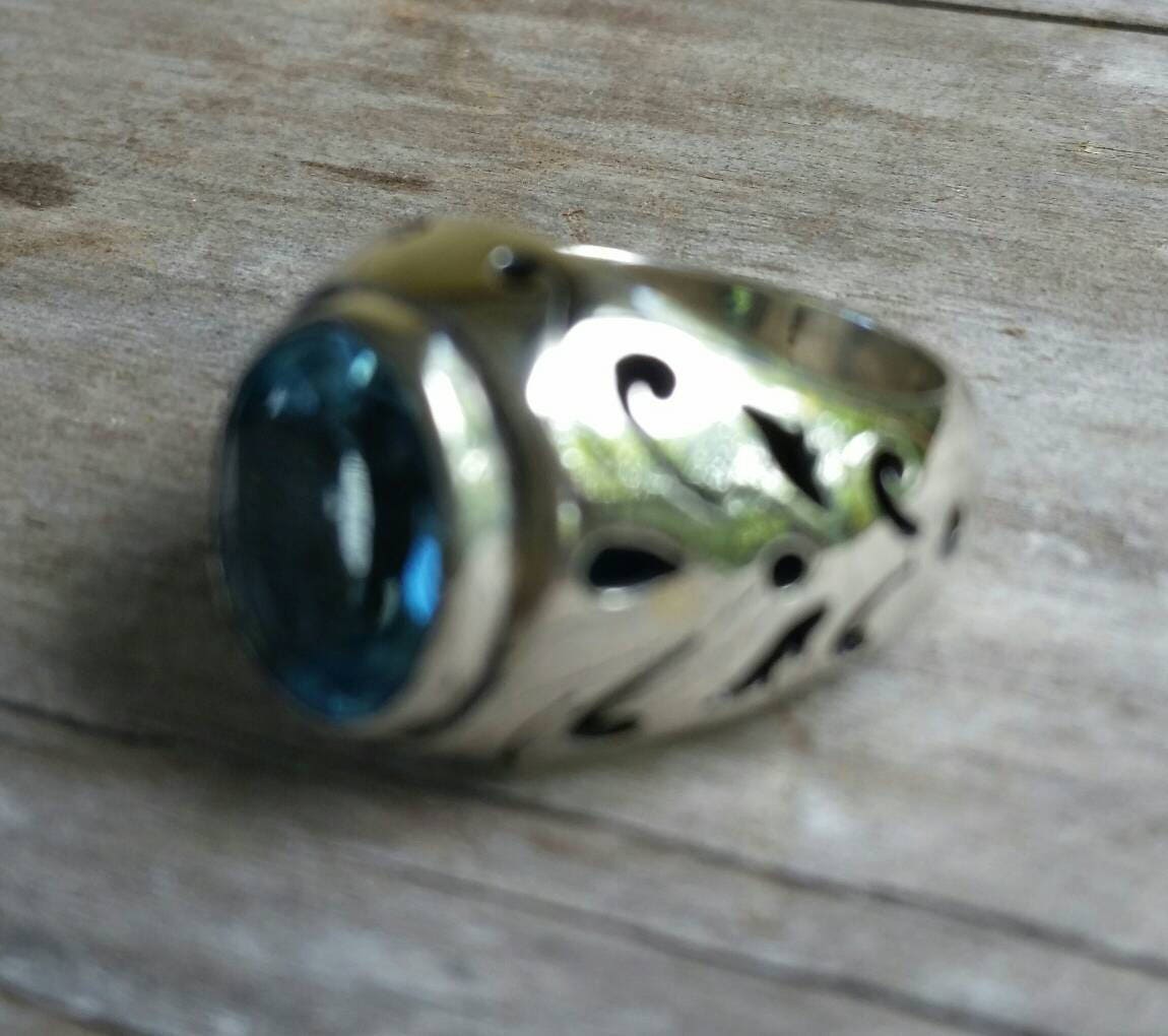 Blue topaz ring,sterling silver,chunky, filegree,ornate, antique ring,large ring