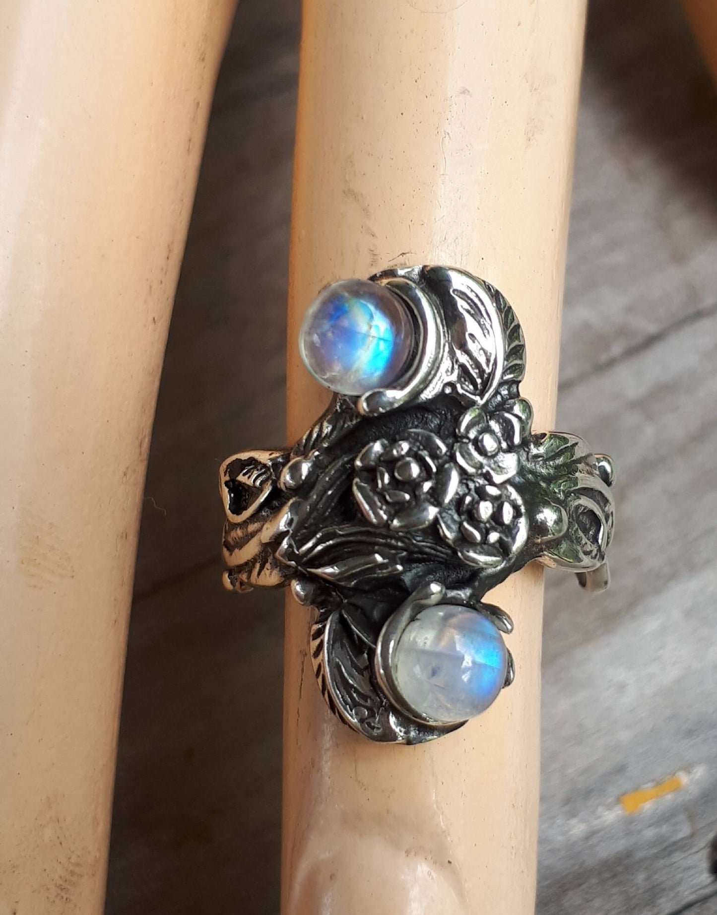 Rose flower ring turquoise and coral sterling silver alternative steampunk gothic art nouveau victorian flower rockabilly
