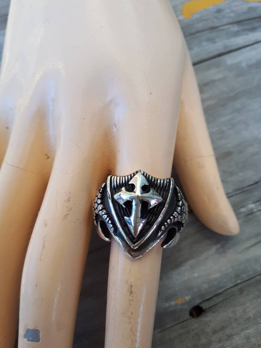 cross ring,solid,sterling silver,knights templar,christian,medieval,shield,religious,steampunk,goth,grunge,vintage,dragon,snake skin,