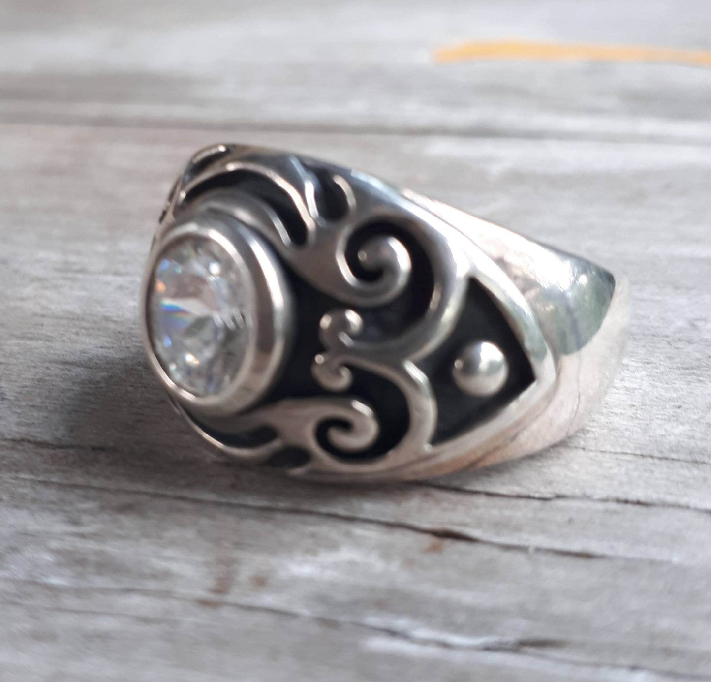 Blue stone ring,sterling silver,cubic ring,dress ring,signet ,tribal,vintage,boho,scroll,hipster,syn sapphire