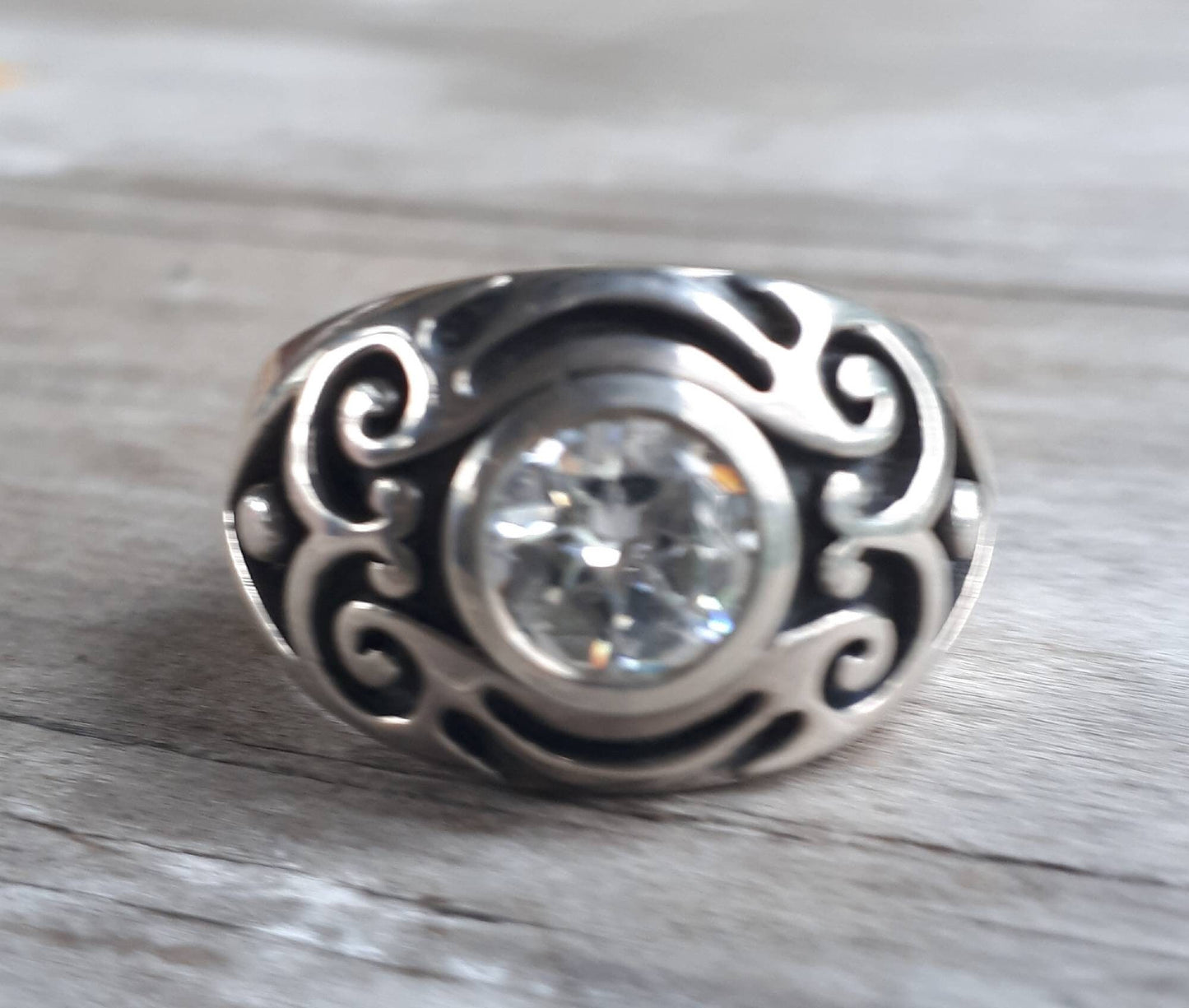 Blue stone ring,sterling silver,cubic ring,dress ring,signet ,tribal,vintage,boho,scroll,hipster,syn sapphire