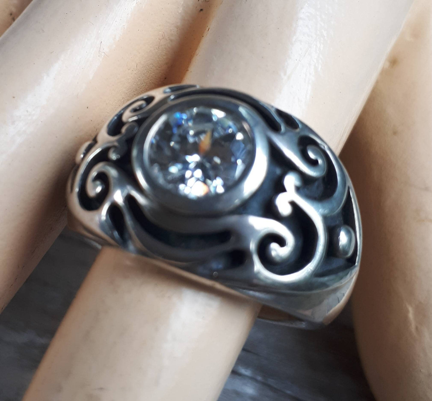 Blue stone ring,sterling silver,cubic ring,dress ring,signet ,tribal,vintage,boho,scroll,hipster,syn sapphire