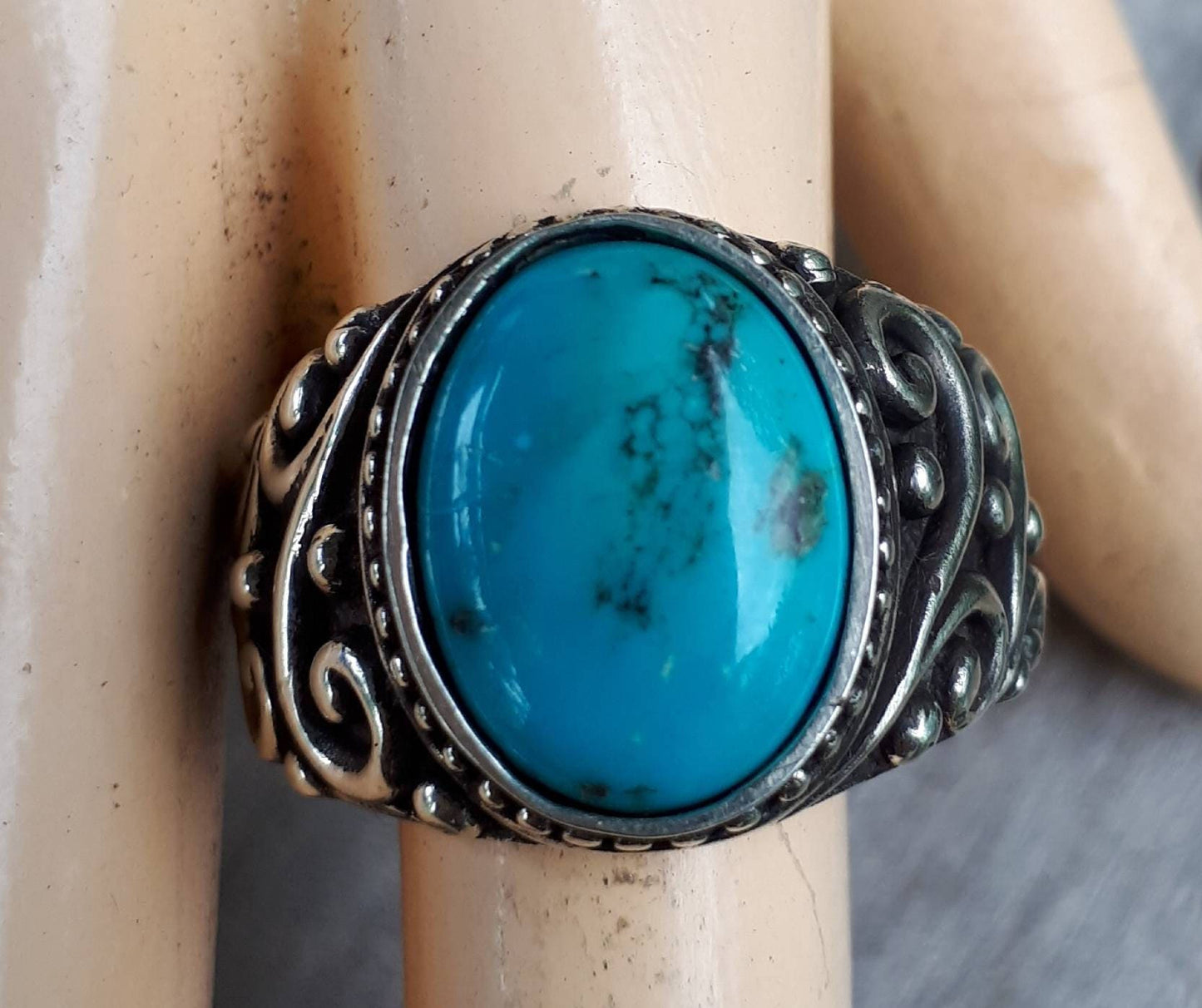 Turquoise ring, sterling silver,maori koru,chunky ring, wedding ring,antique scroll,swirl ring,gemstone ring,mans stone ring,boho,hipster