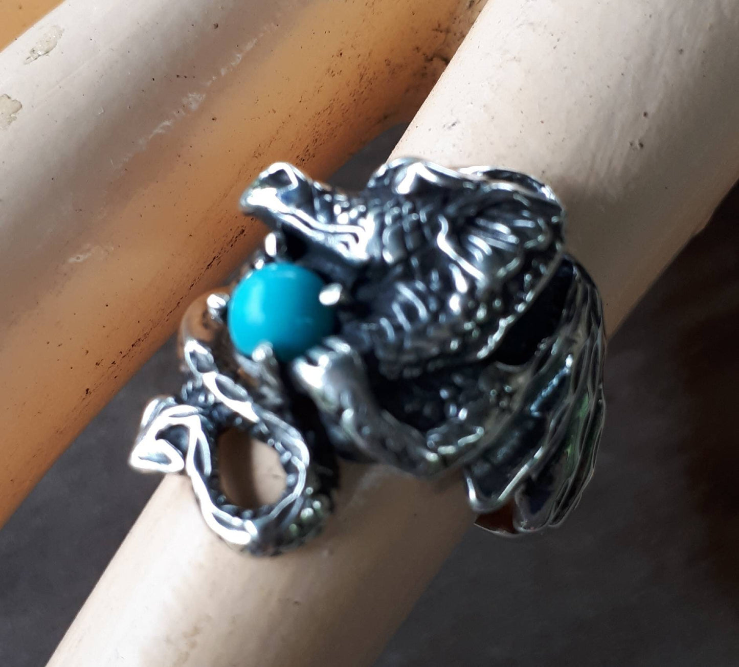 Dragon ring green onyx sterling silver fantasy mythical steampunk gothic punk green stone ring