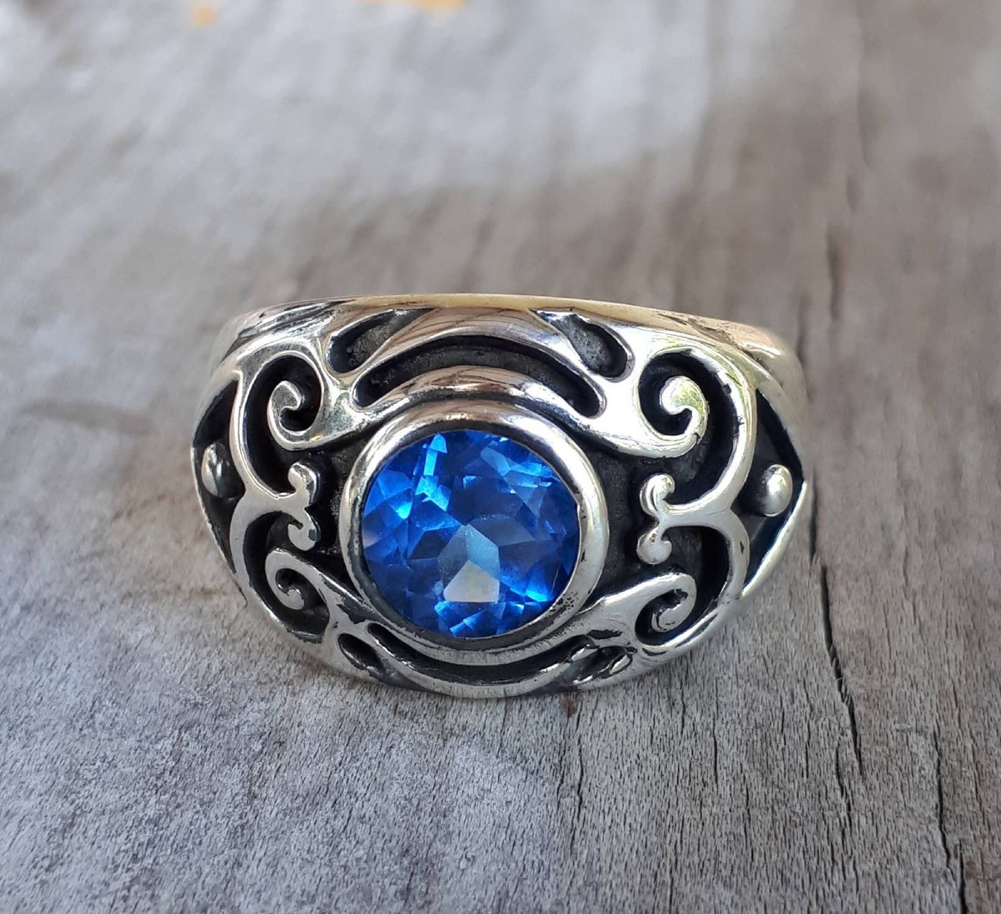 Blue stone ring,sterling silver,cubic ring,dress ring,signet ,tribal,vintage,boho,scroll,hipster,syn sapphire