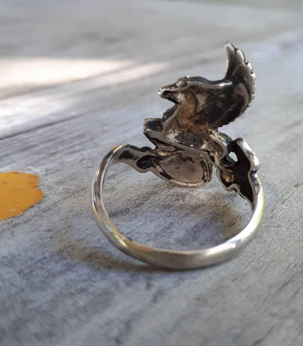 PEGASUS ring,garnet,sterling silver,mythical horse,unicorn, fantasy,new age,mystical,divine stallion,boho,hippy,art nouveau,handmade,goddess