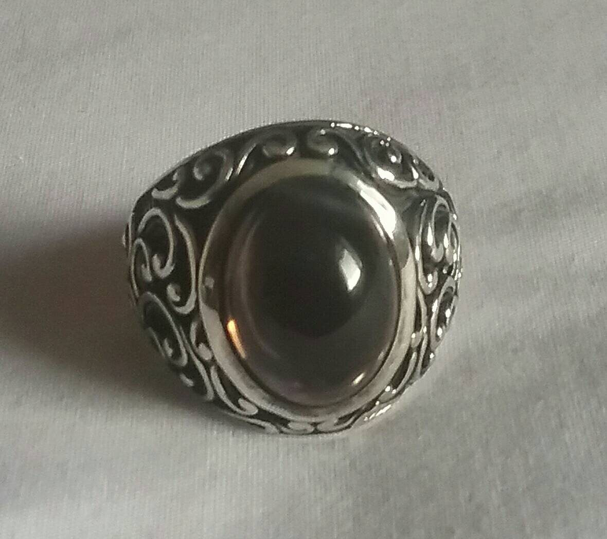 Smokey quartz,cabochon,mans ring, sterling silver,wedding,dress ring,antique, scroll pattern,tribal,baroque,vintage,mens fashion,boho,