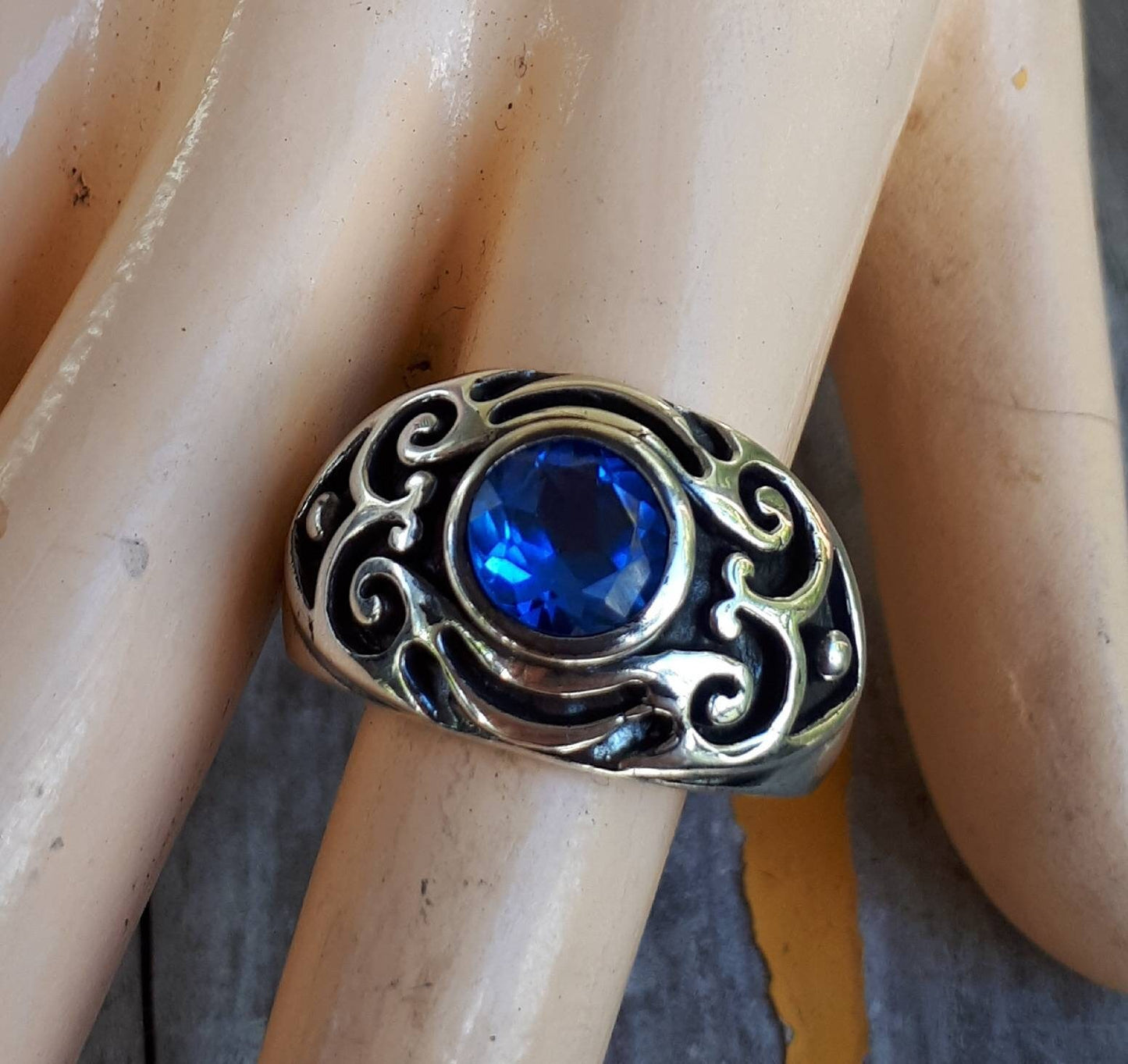 Blue stone ring,sterling silver,cubic ring,dress ring,signet ,tribal,vintage,boho,scroll,hipster,syn sapphire
