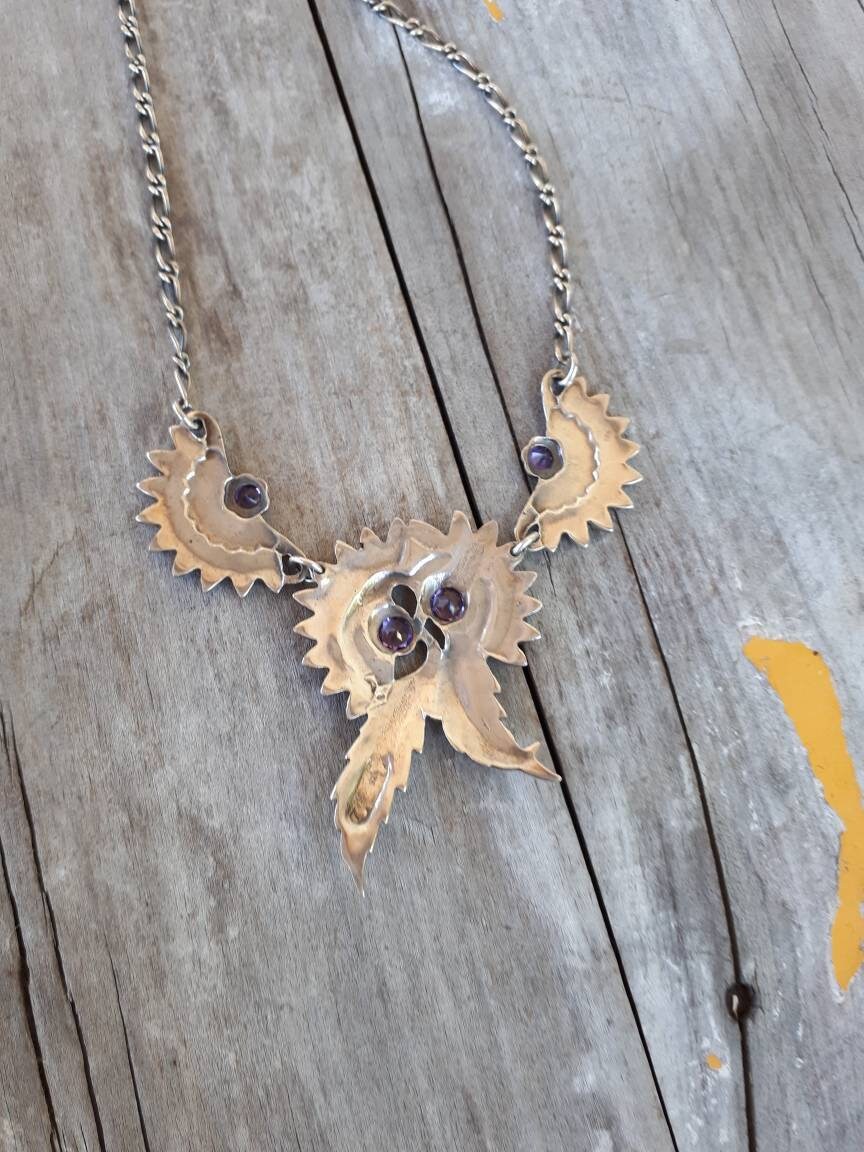 Amythest necklace,sterling silver,leaf,boho,vintage, shic,handmade,deco,art nouveau,gothic,women's fashion,hippy,goddess,bridal necklace,