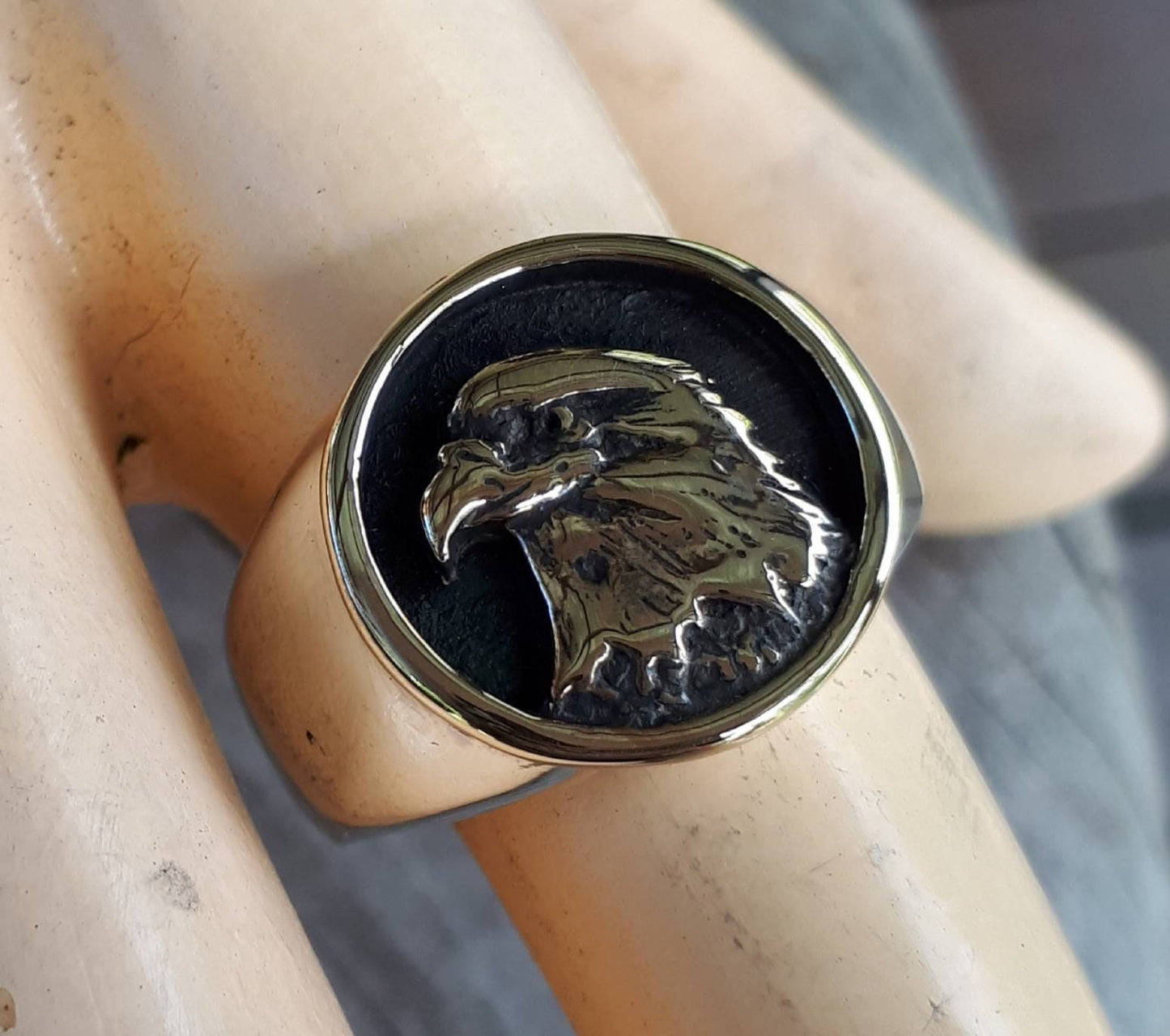 Eagle ring,two tone,signet ring,9ct gold,sterling silver,hawk,Phoenix,handmade,indian,cowboy,country and western,boho,gold and silver,