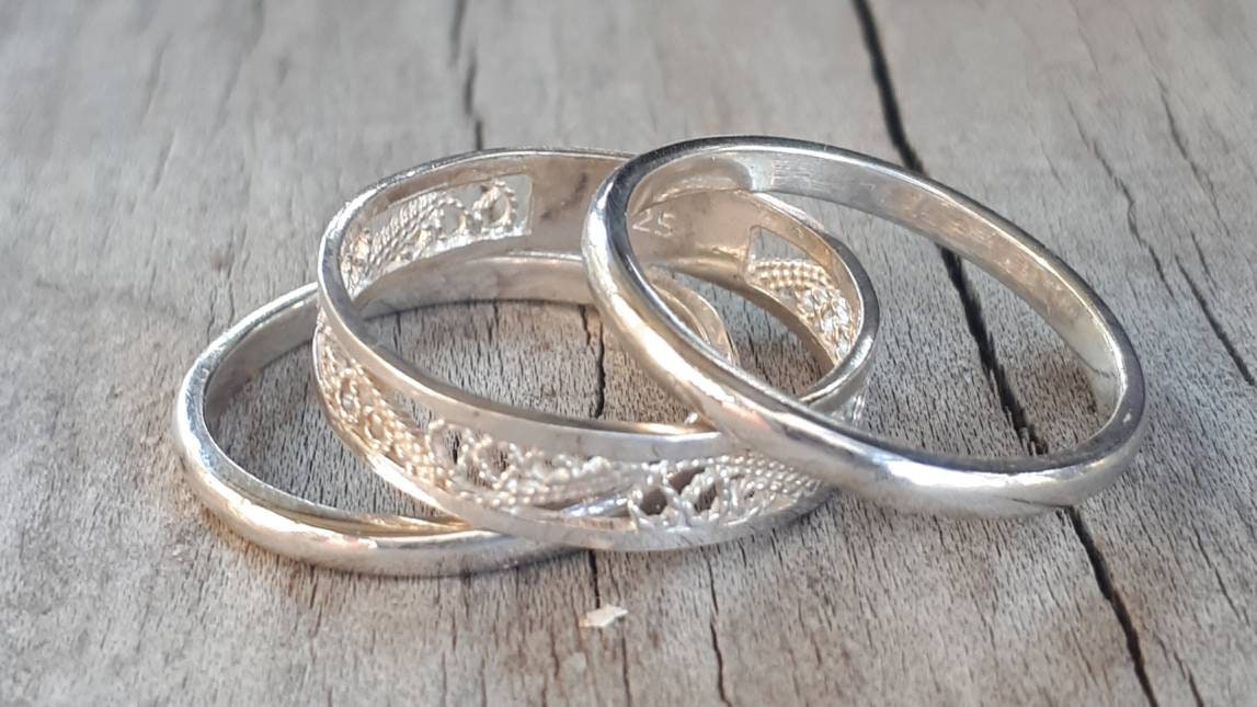 stacking rings,sterling silver,5 set,filegree band,handmade,boho,goddess,wedding bands,silver ring,gypsy,vintage,women fashion,new age,retro