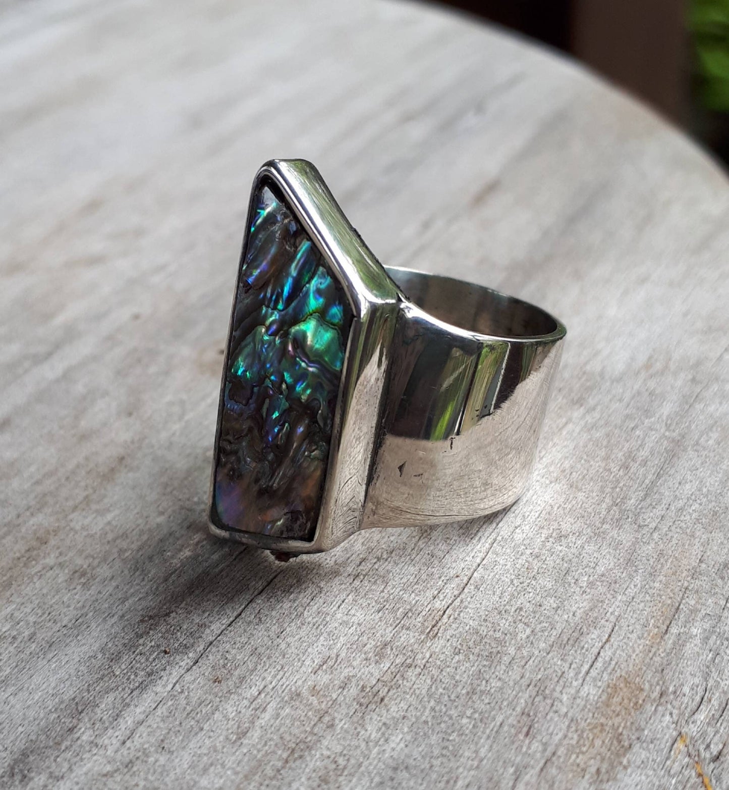 Paua shell ring,long ring,sterling silver,boho,gypsy,shell ring,new age,handmade ring,scroll,swirl, tribal,vintage,stone ring,maori koru