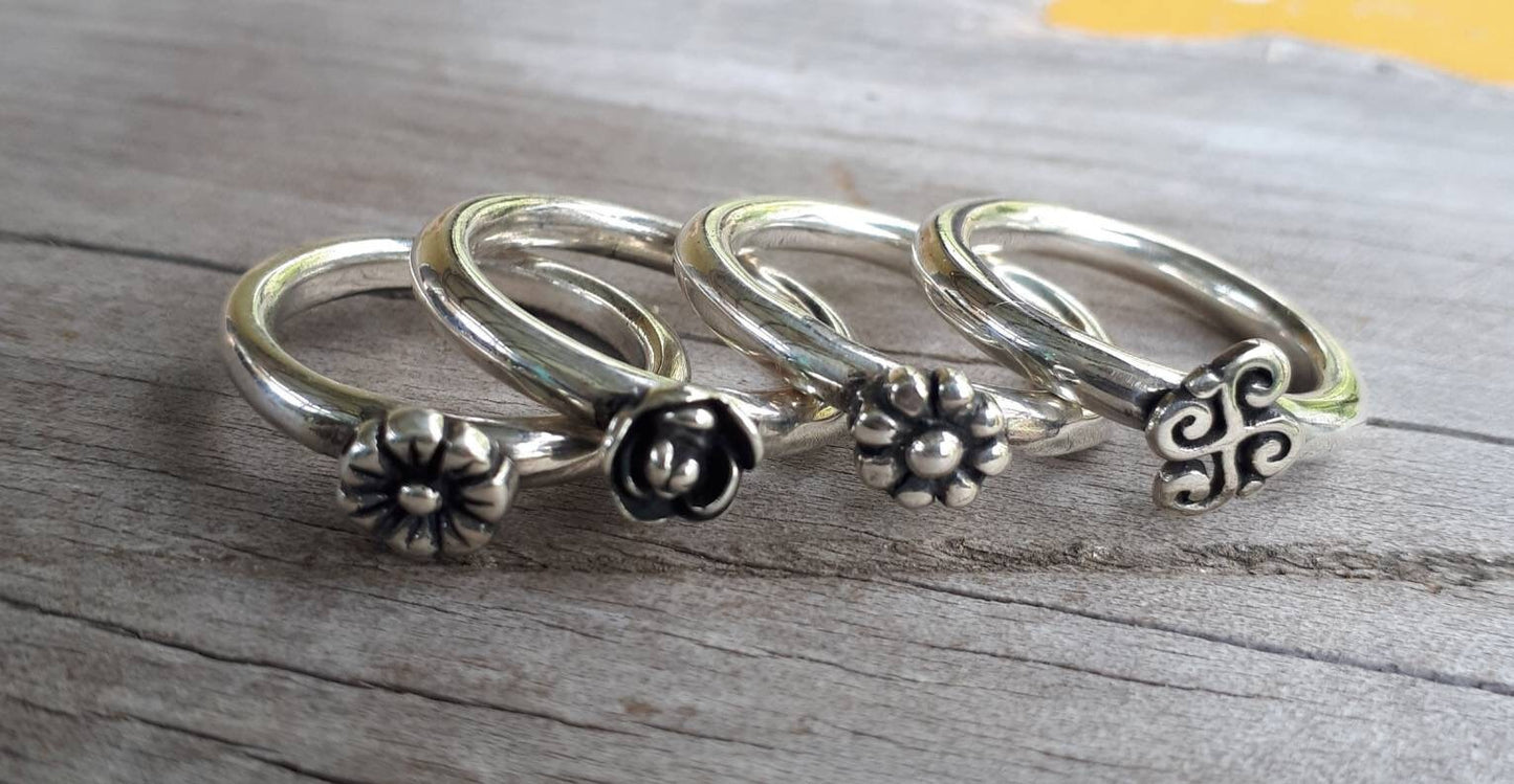 Two tone stacking ring,solid 9k gold bead and sterling silver,thin flower ring,