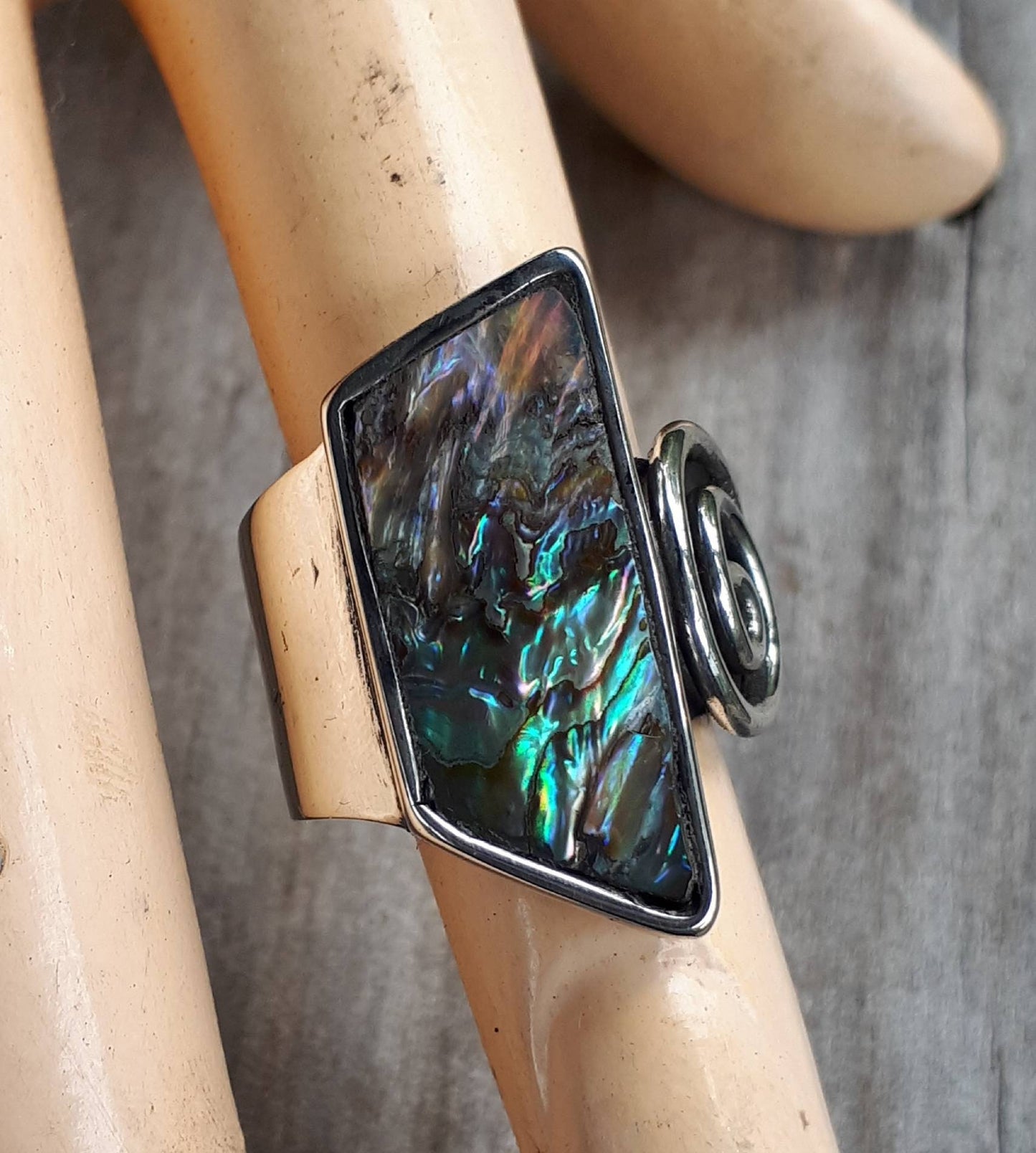 Paua shell ring,long ring,sterling silver,boho,gypsy,shell ring,new age,handmade ring,scroll,swirl, tribal,vintage,stone ring,maori koru
