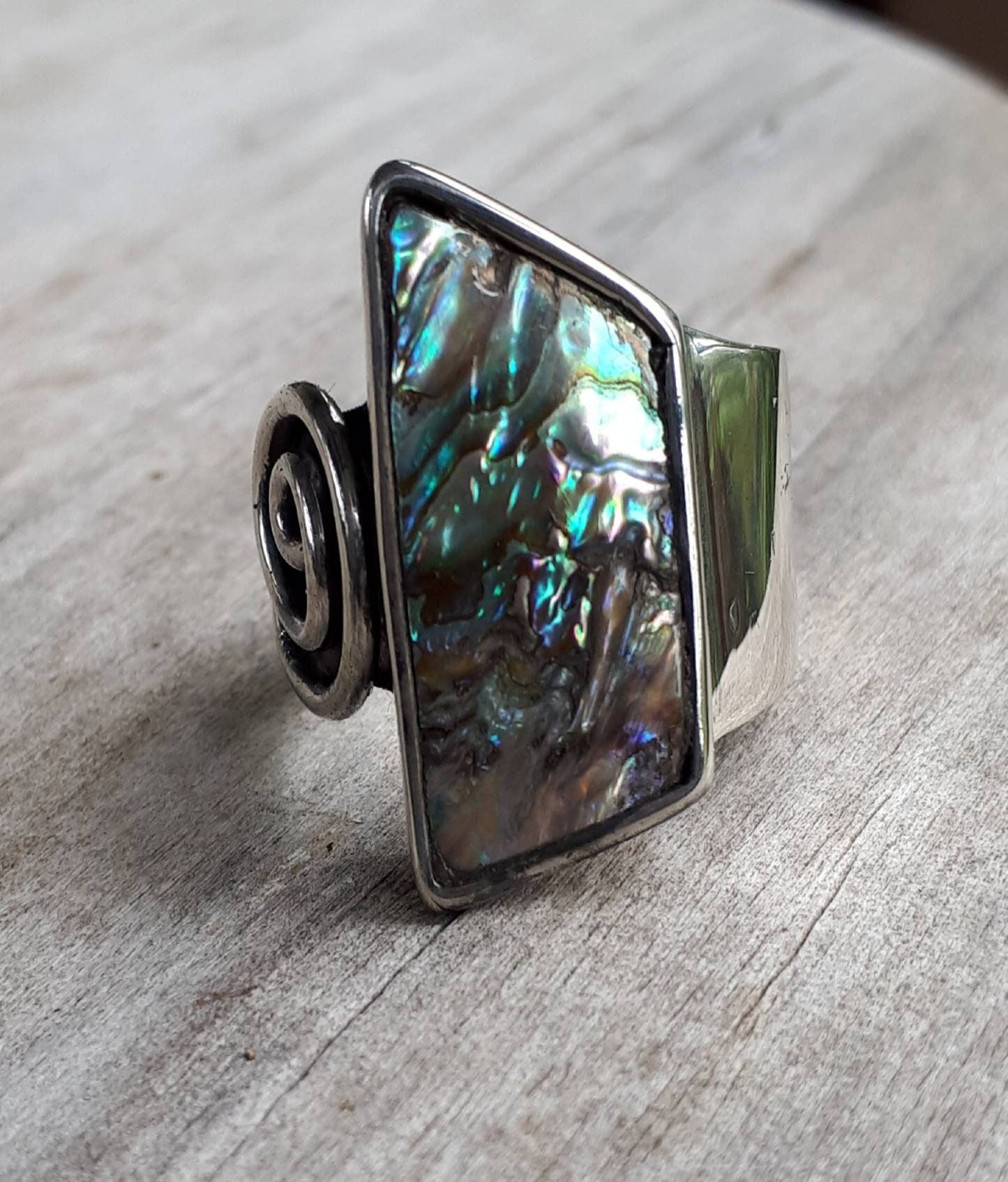 Paua shell ring,long ring,sterling silver,boho,gypsy,shell ring,new age,handmade ring,scroll,swirl, tribal,vintage,stone ring,maori koru