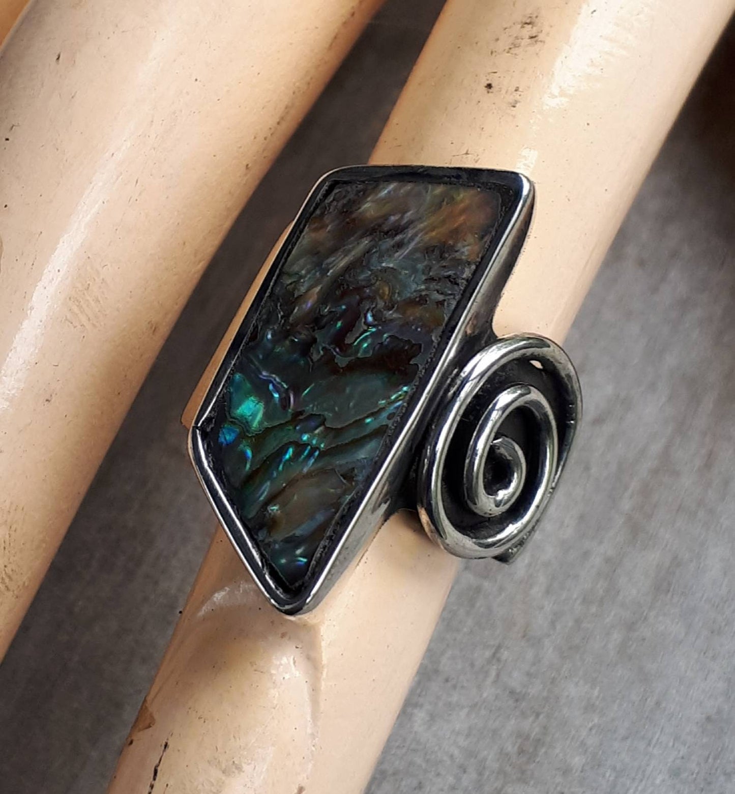 Paua shell ring,long ring,sterling silver,boho,gypsy,shell ring,new age,handmade ring,scroll,swirl, tribal,vintage,stone ring,maori koru