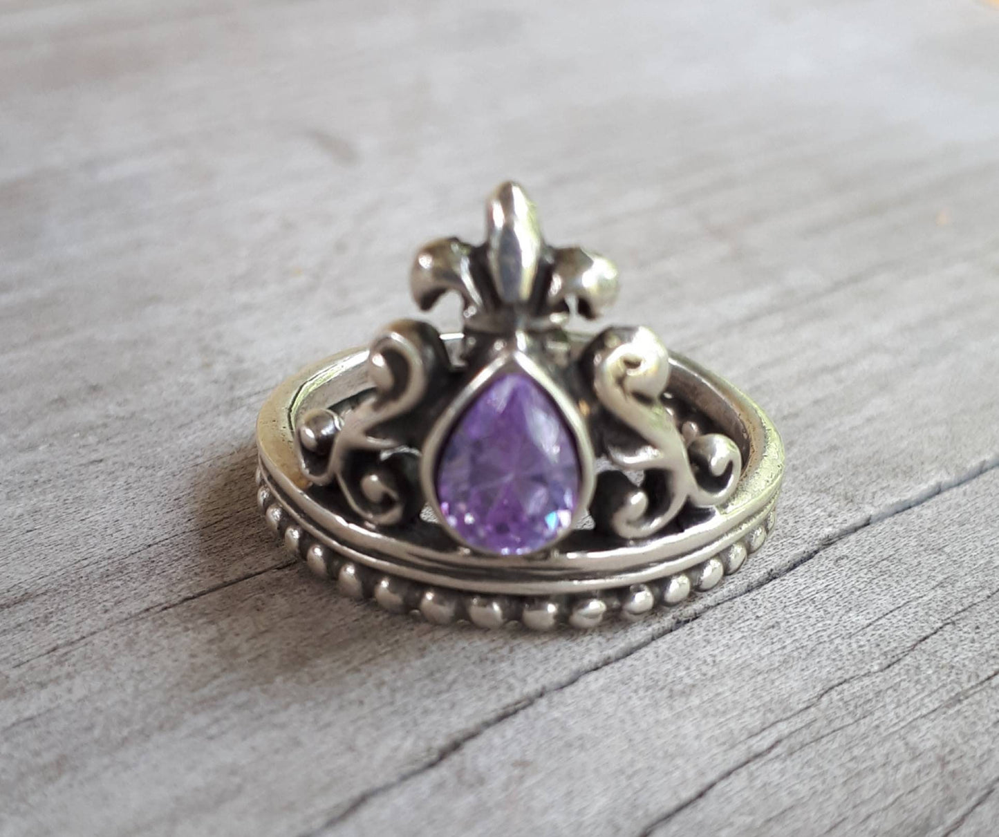 Garnet ring,vintage scroll,925 sterling silver,cubic zirconia,art nouveau,long ring,lavender cz, victorian,boho,gypsy,handmade,crystal