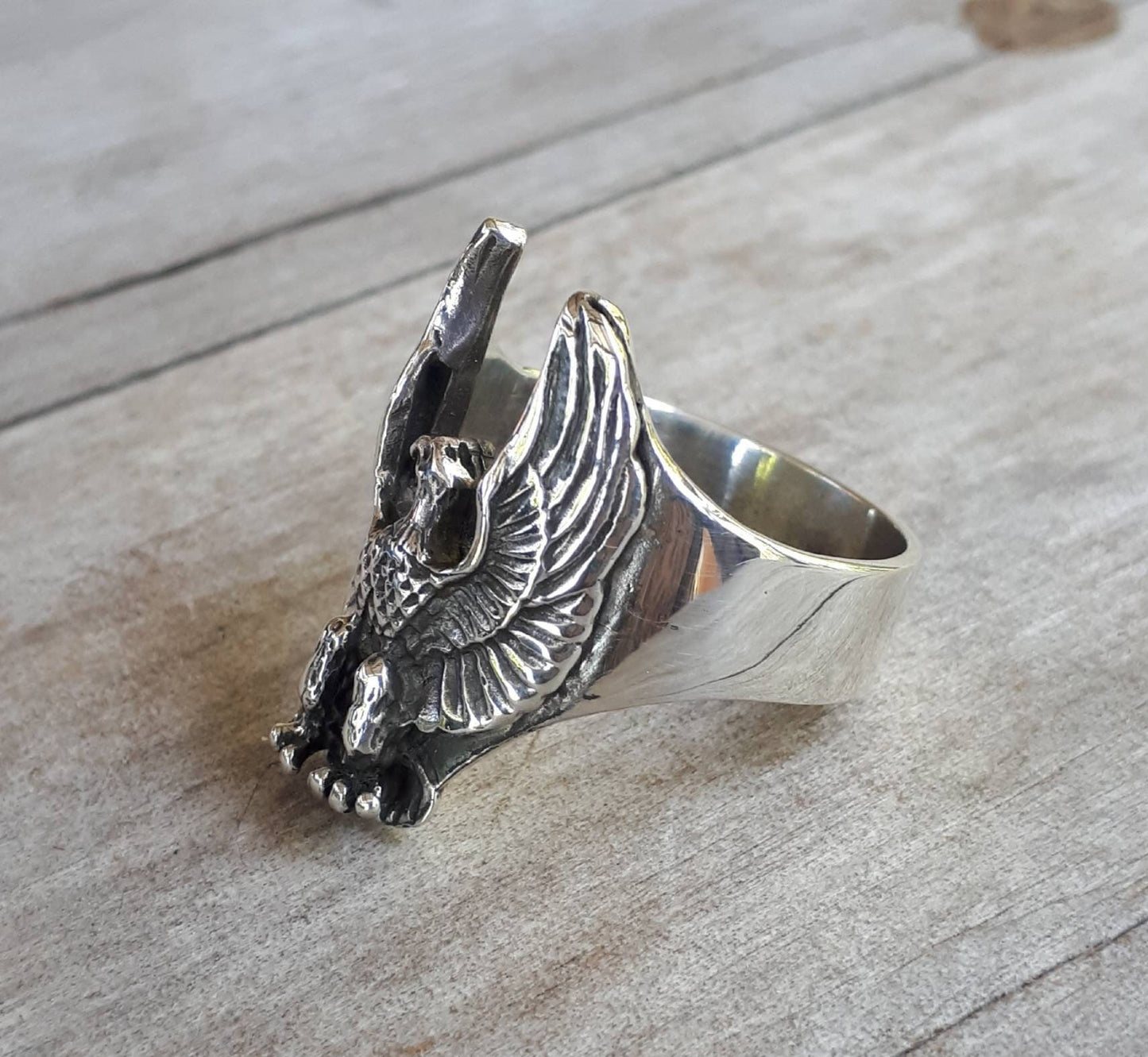 Eagle ring,spread eagle,Phoenix,bird ring,sterling silver,handmade,tribal,indian, cowboy, country and western,feather,chunky ring,long ring,