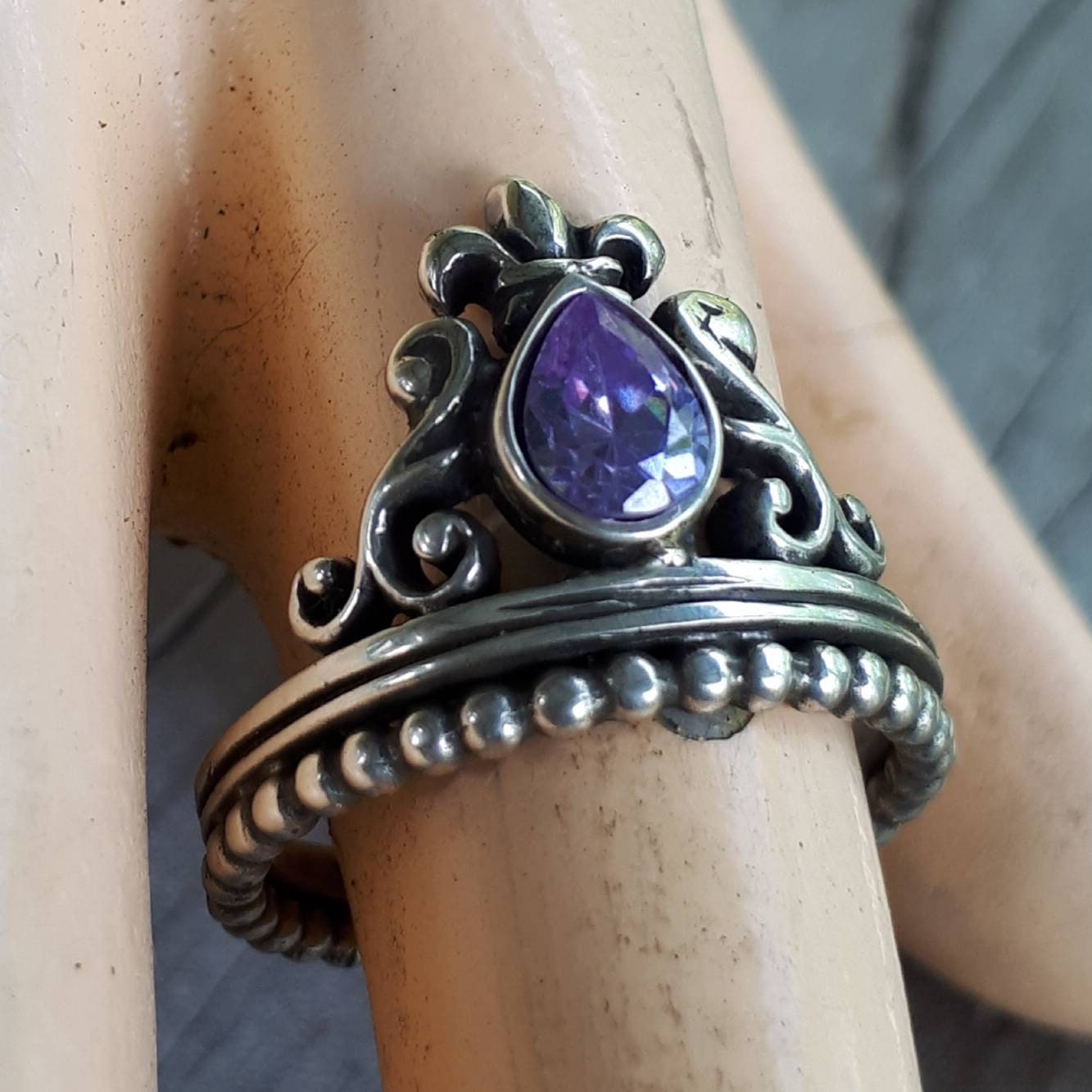 vintage scroll ring,925 sterling silver,cubic zirconia,art nouveau,long ring, victorian,boho,gypsy,handmade,crystal