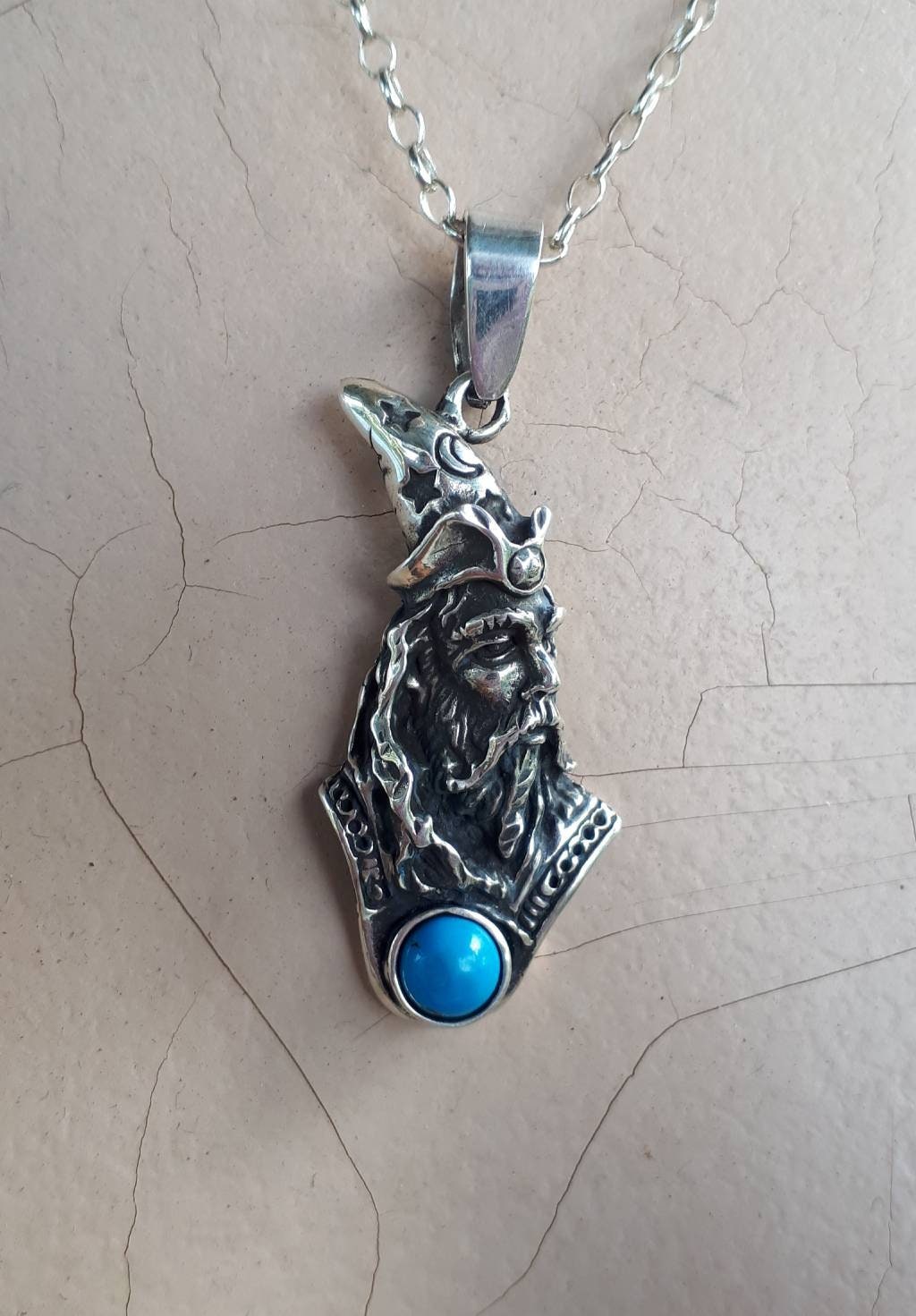 wizard pendant,turquoise,sterling silver,merlin,magician,fantasy, mythical,gothic,punk,Dumbledore,witch