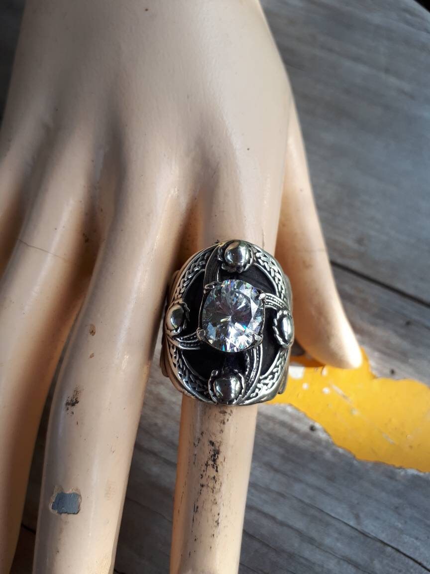 Chunky ring,sterling silver,cubic zirconia,celtic ring,medieval,tribal,vintage,large silver ring,shield,steampunk,celtic shield,vintage ring