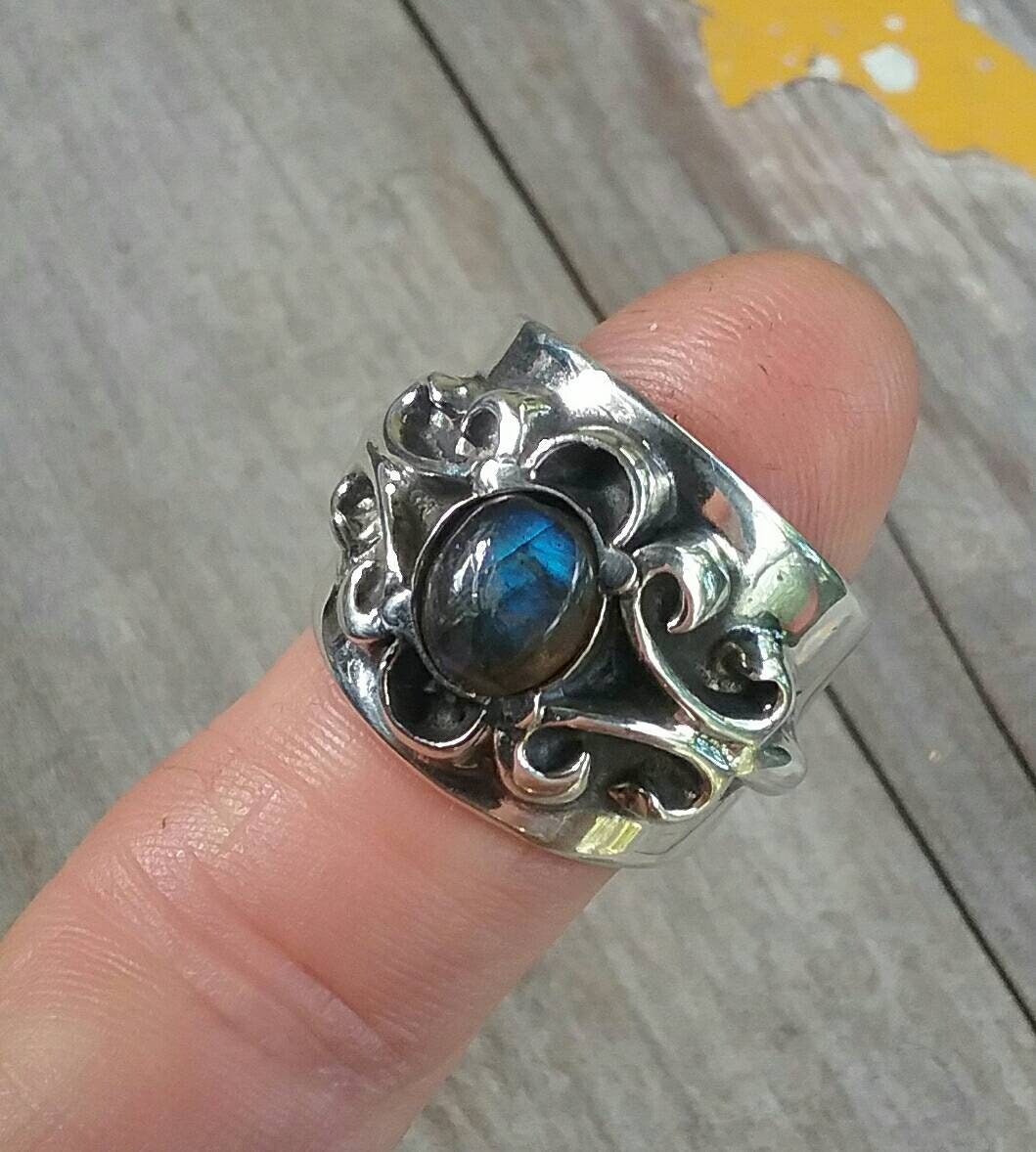 labradorite ring,heavy ring, sterling,wide silver ring,boho,goddess,chunky ring,steampunk,scroll,victorian,antique, handmade,labrodite