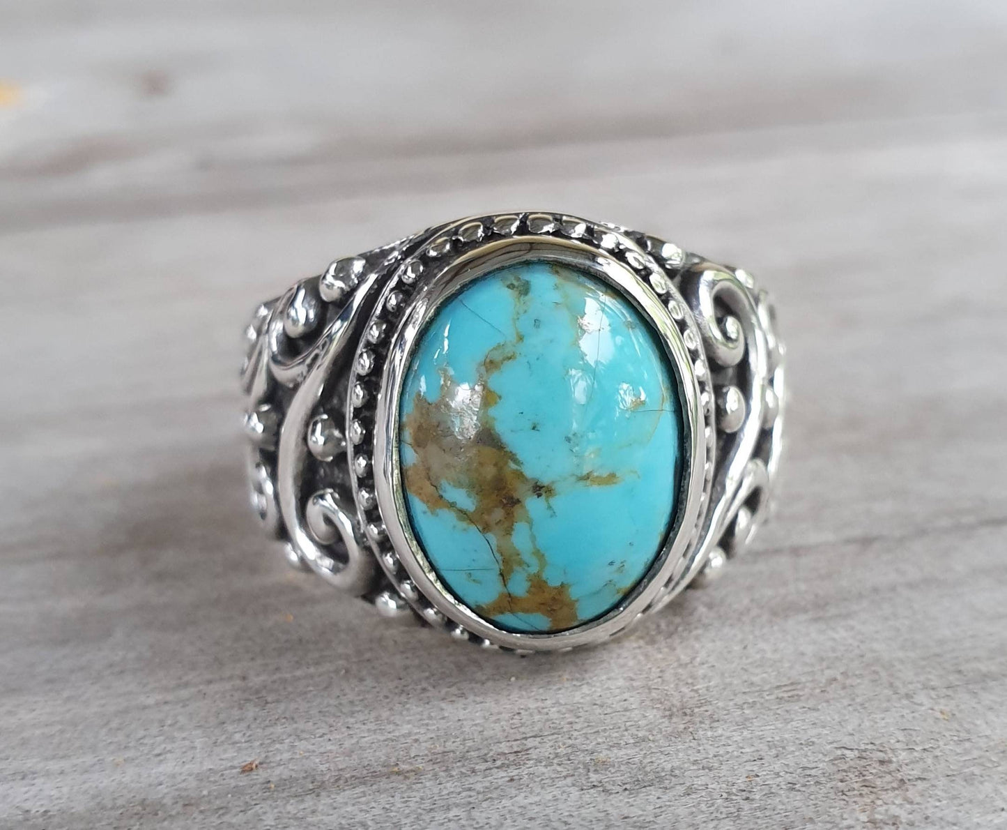 Turquoise ring, sterling silver,maori koru,chunky ring, wedding ring,antique scroll,swirl ring,gemstone ring,mans stone ring,boho,hipster