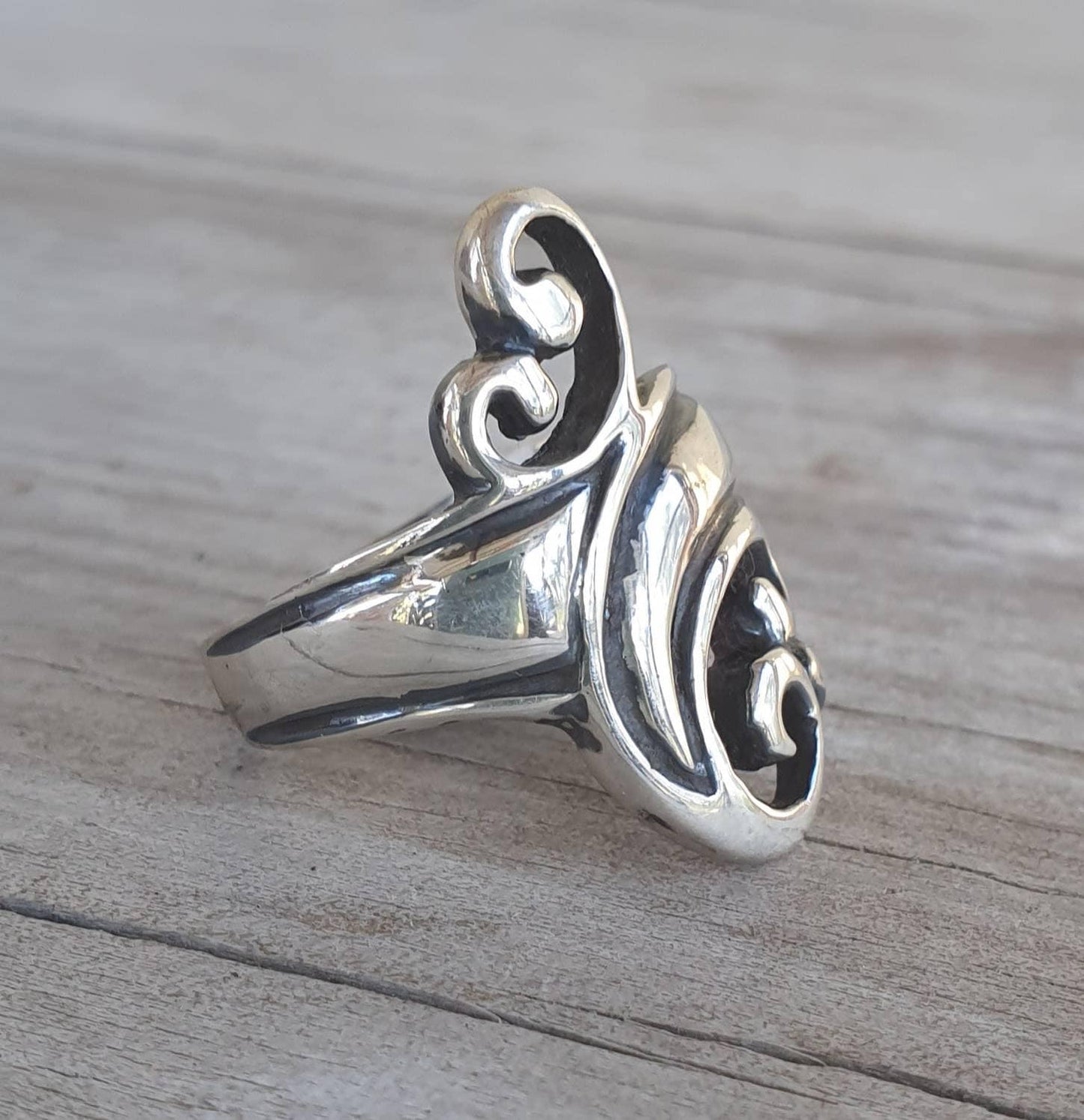 long ring,sterling silver,scroll,handmade,steampunk,gothic,art nouveau,celtic, tribal,swirl,boho,gypsy,hippy,vintage,rockabilly