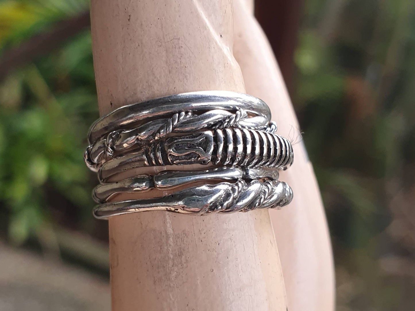 stacker rings,3 x piece set,2mm bands,ball patterened,plain band, twisted wire and vintage scroll,woven silver ring