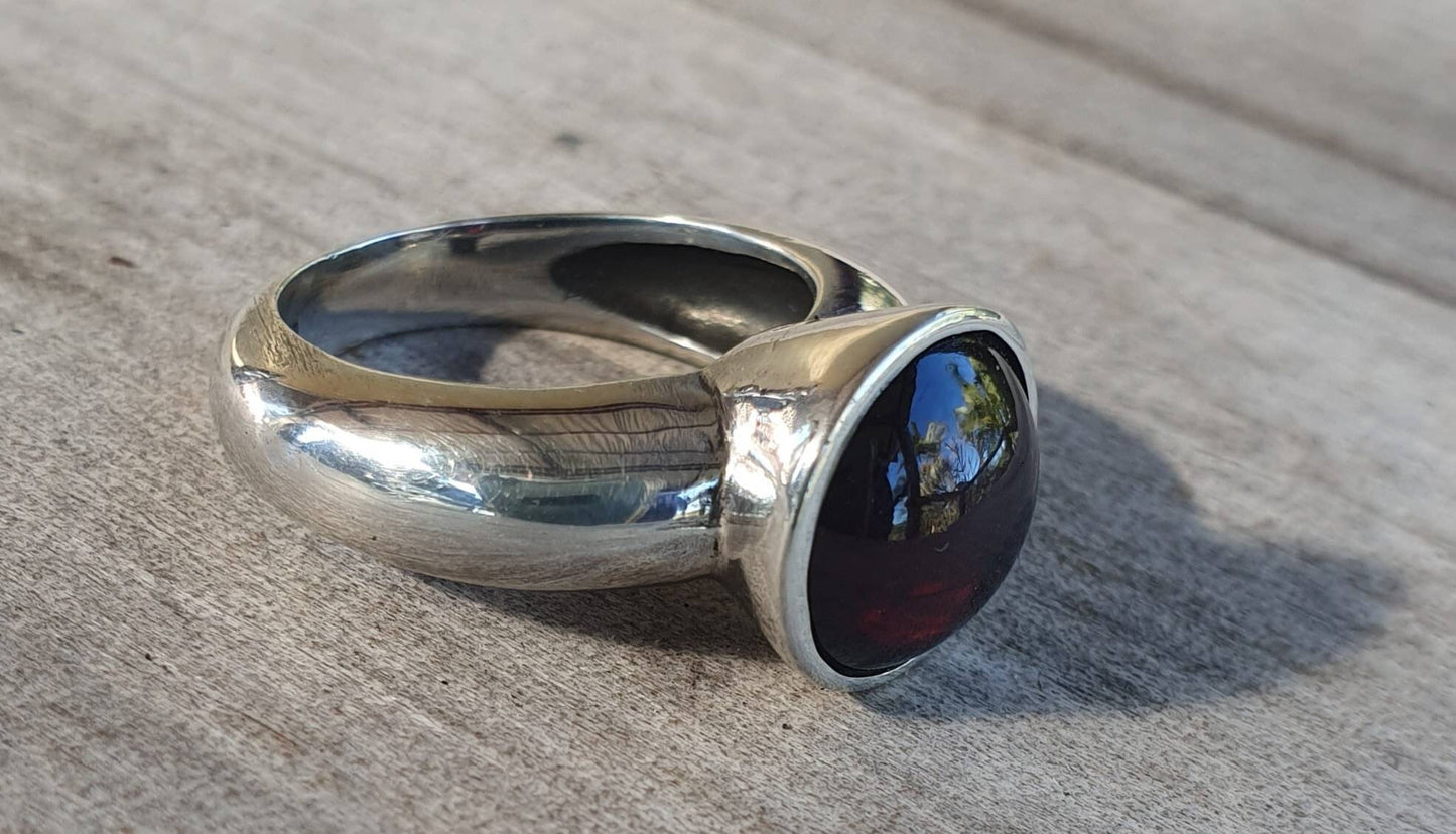 Garnet ring,sterling silver,chunky solitare,handmade, ring,goddess,boho,solitare ring,new age,cabachon garnet,ball ring,stacker ring