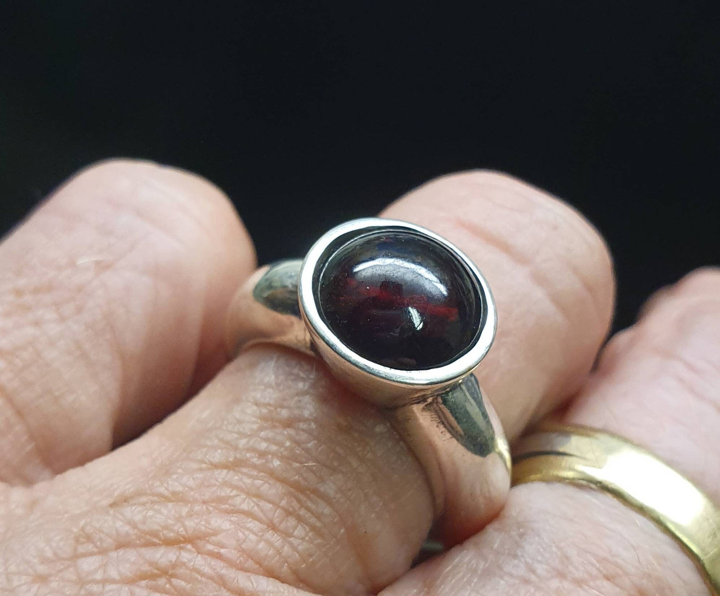 Garnet ring,sterling silver,chunky solitare,handmade, ring,goddess,boho,solitare ring,new age,cabachon garnet,ball ring,stacker ring