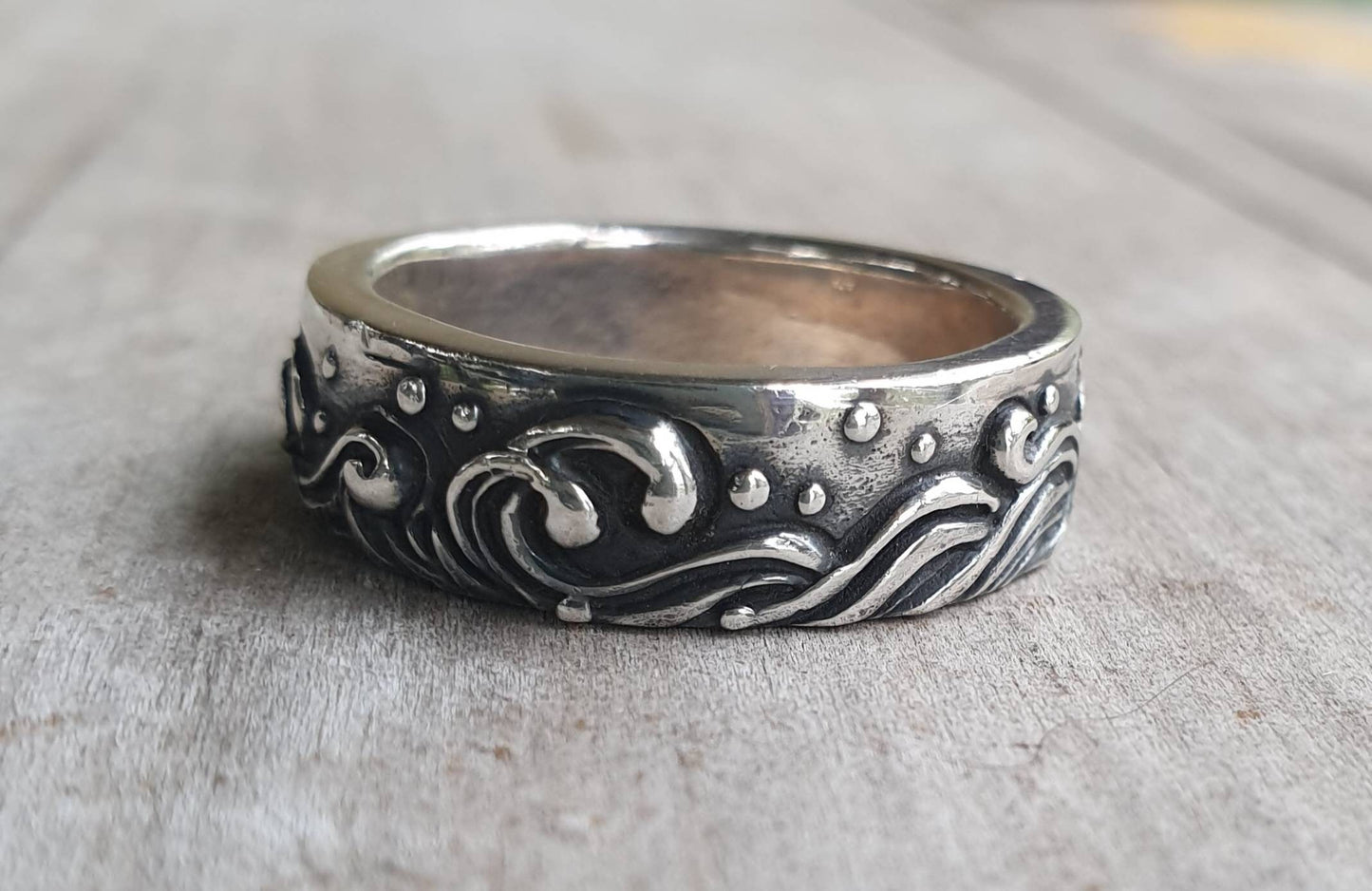 wave ring,japanese tattoo,sterling silver,japanese wave art,surfer band,rustic band,thick silver wedding,chunky band