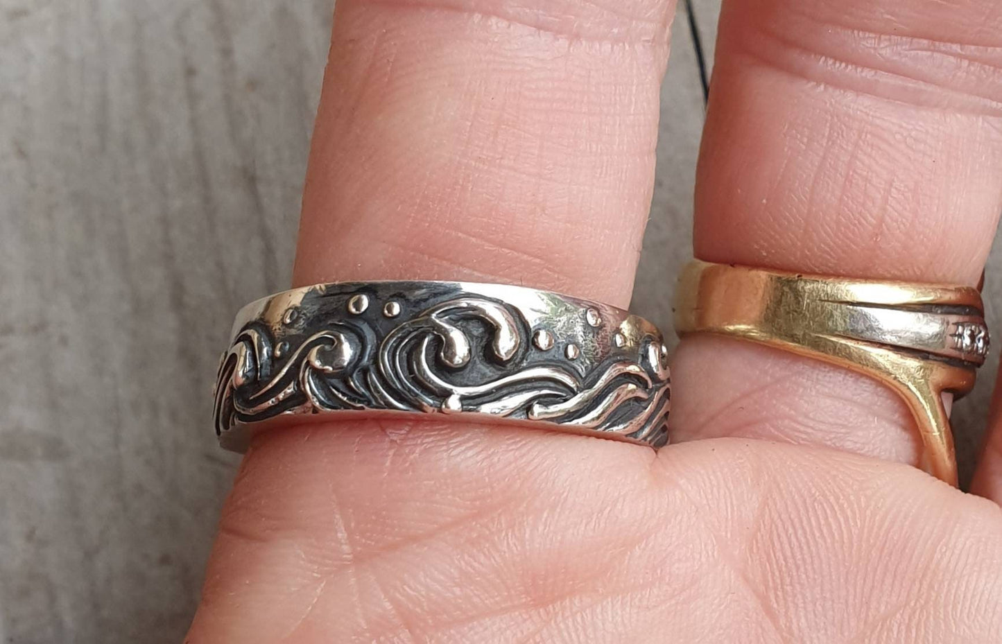 Sapphire wave ring,japanese tattoo,sterling silver,japanese wave art,surfer band,rustic band,thick silver wedding,chunky band