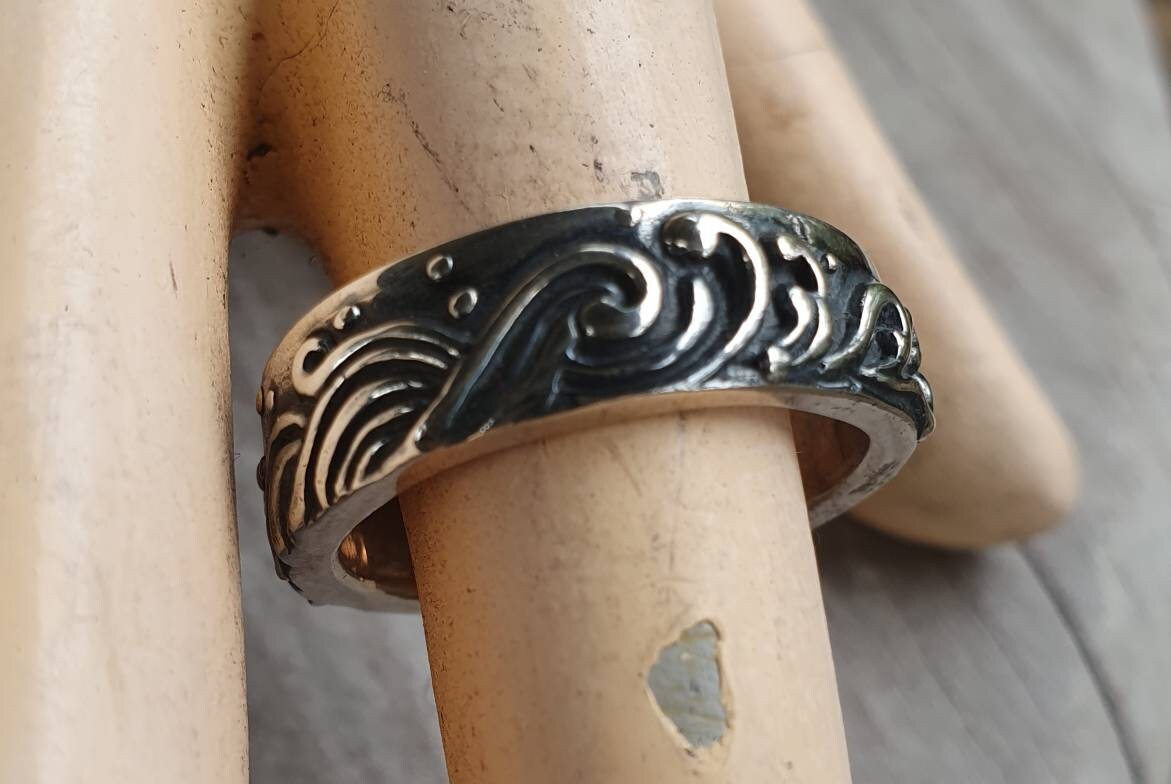 wave ring,japanese tattoo,sterling silver,japanese wave art,surfer band,rustic band,thick silver wedding,chunky band