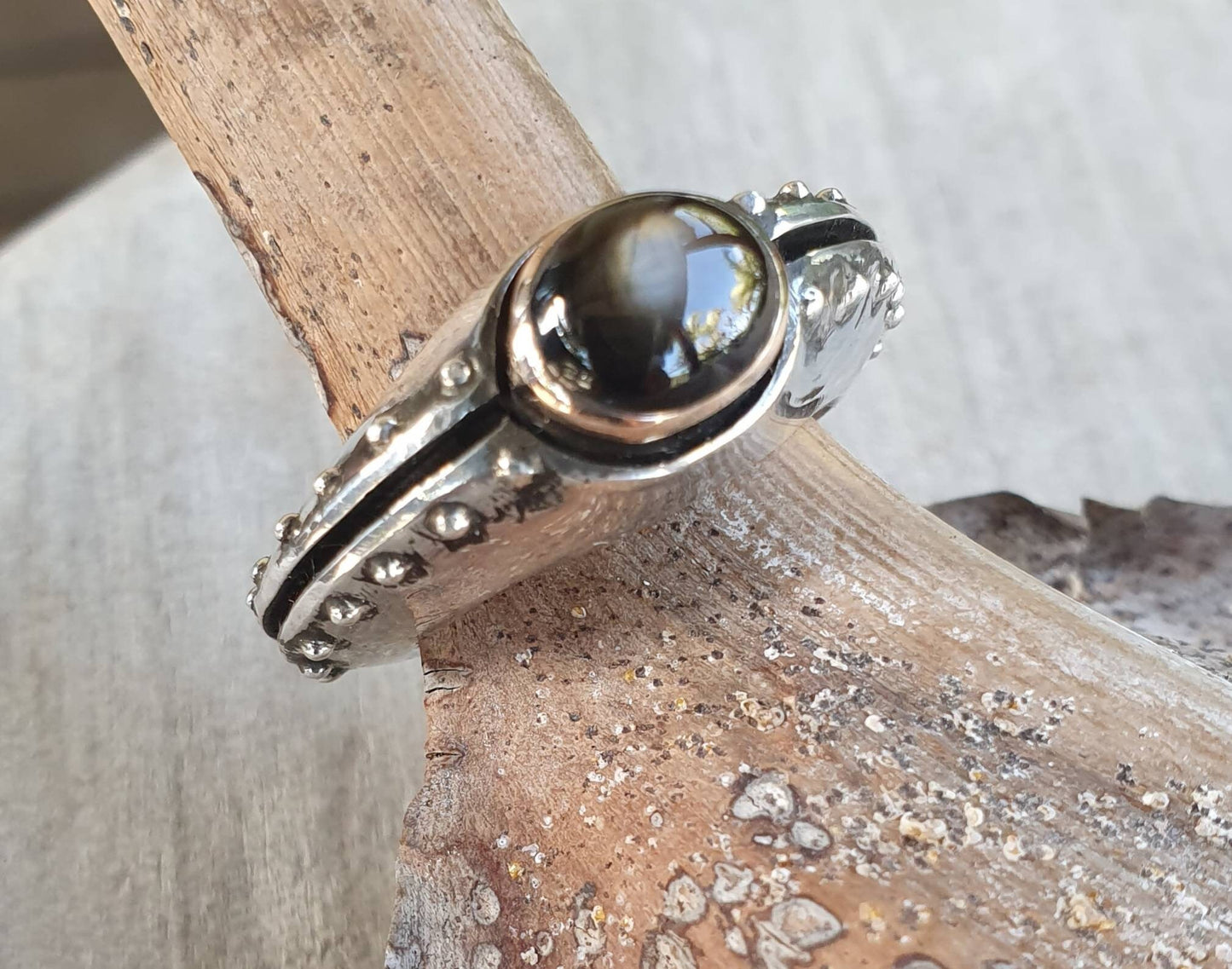Diopside ring,two tone,sterling silver,9ct gold setting,rustic handmade,chunky ring,boho,new age,ball ring,stone,