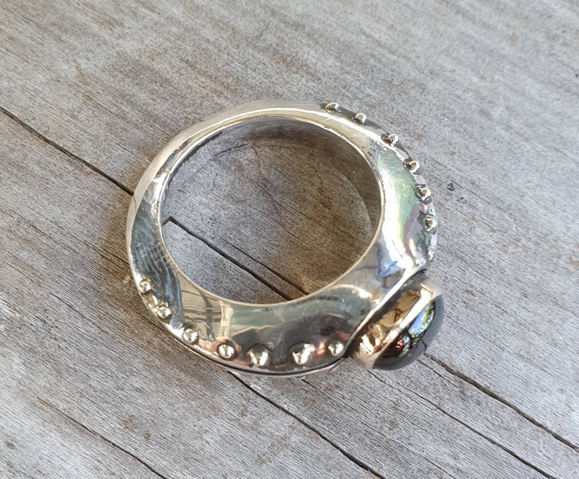 Diopside ring,two tone,sterling silver,9ct gold setting,rustic handmade,chunky ring,boho,new age,ball ring,stone,
